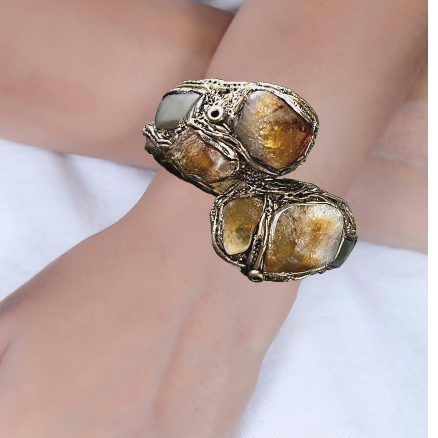 Citrine & Pyrite Protection Bracelet - Statement Hinged Gemstone Cuff