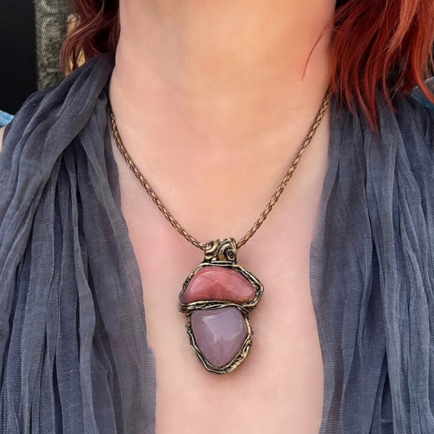 Rose Quartz Pendant Necklace with Peach Agate - Healing Crystal Jewelry
