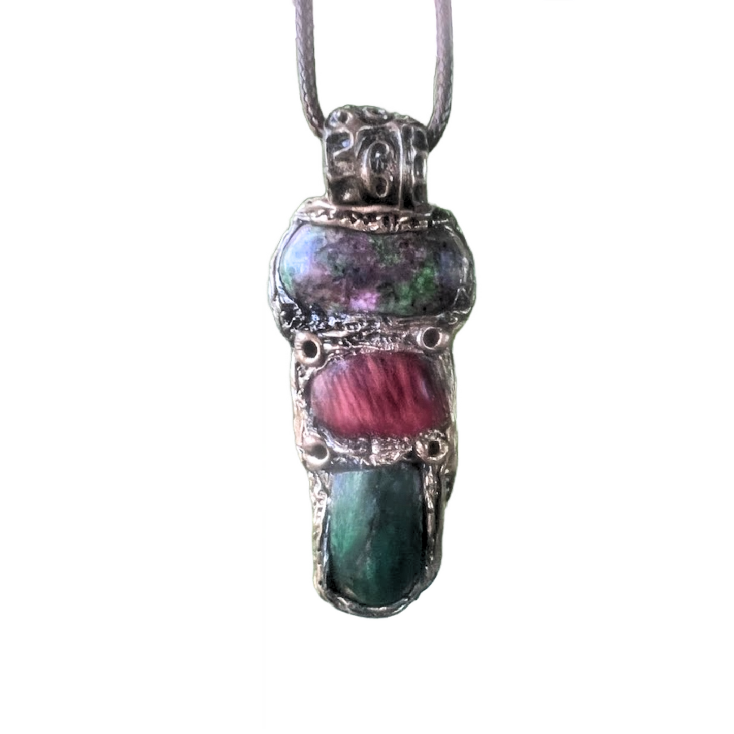 Ruby Zoisite, Green Jade & Pink Cherry Quartz Pendant - Crystal Healing Necklace