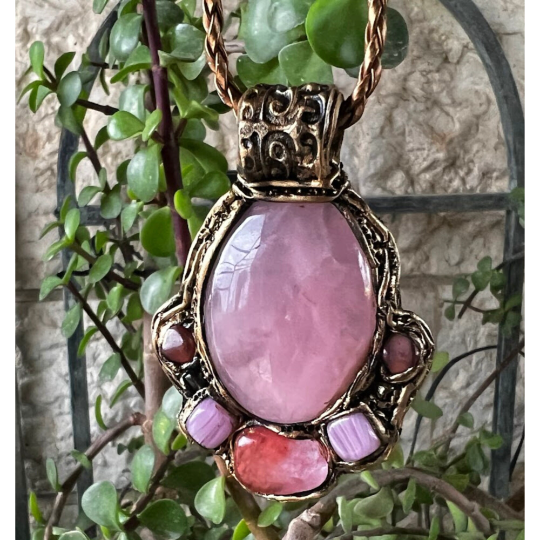 Chunky Rose & Cherry Quartz Pendant Necklace - Unique Gift for Her