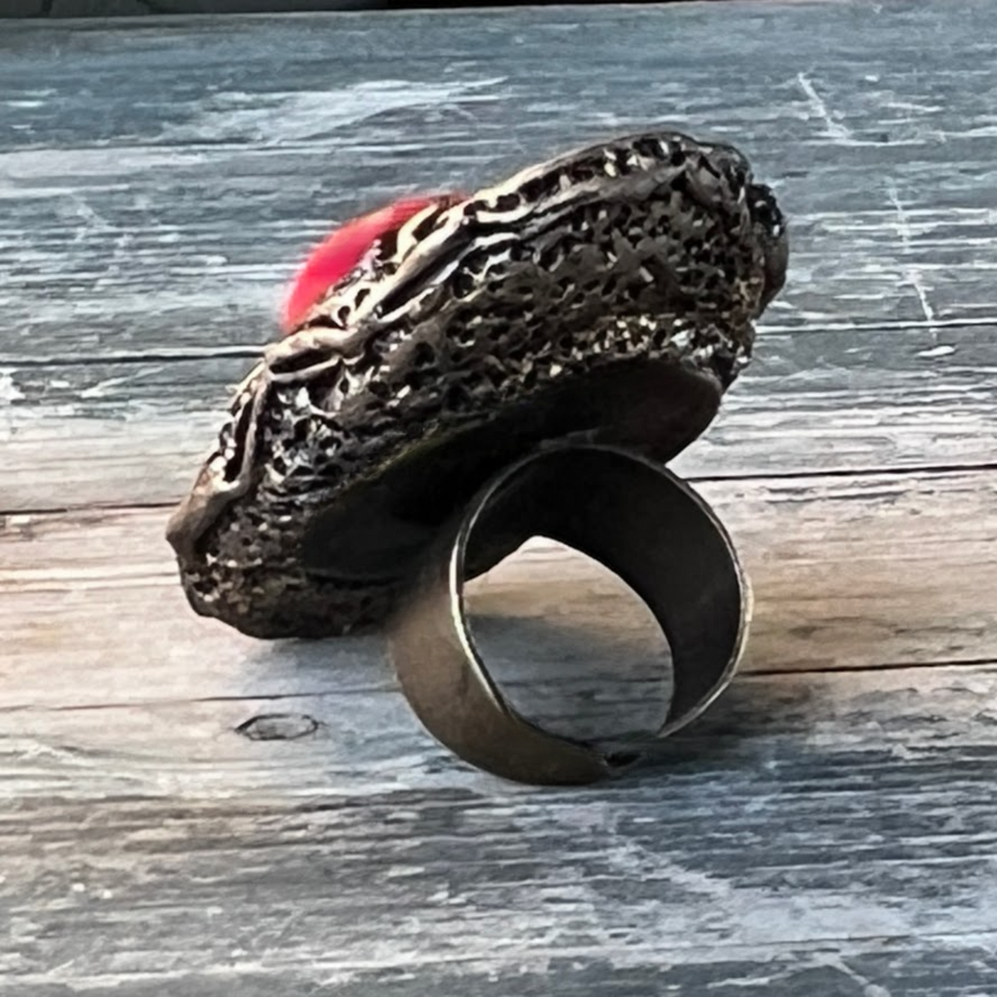 Green & Red Stone Statement Ring with Agate & Coral - Chunky Bold Cocktail Jewelry