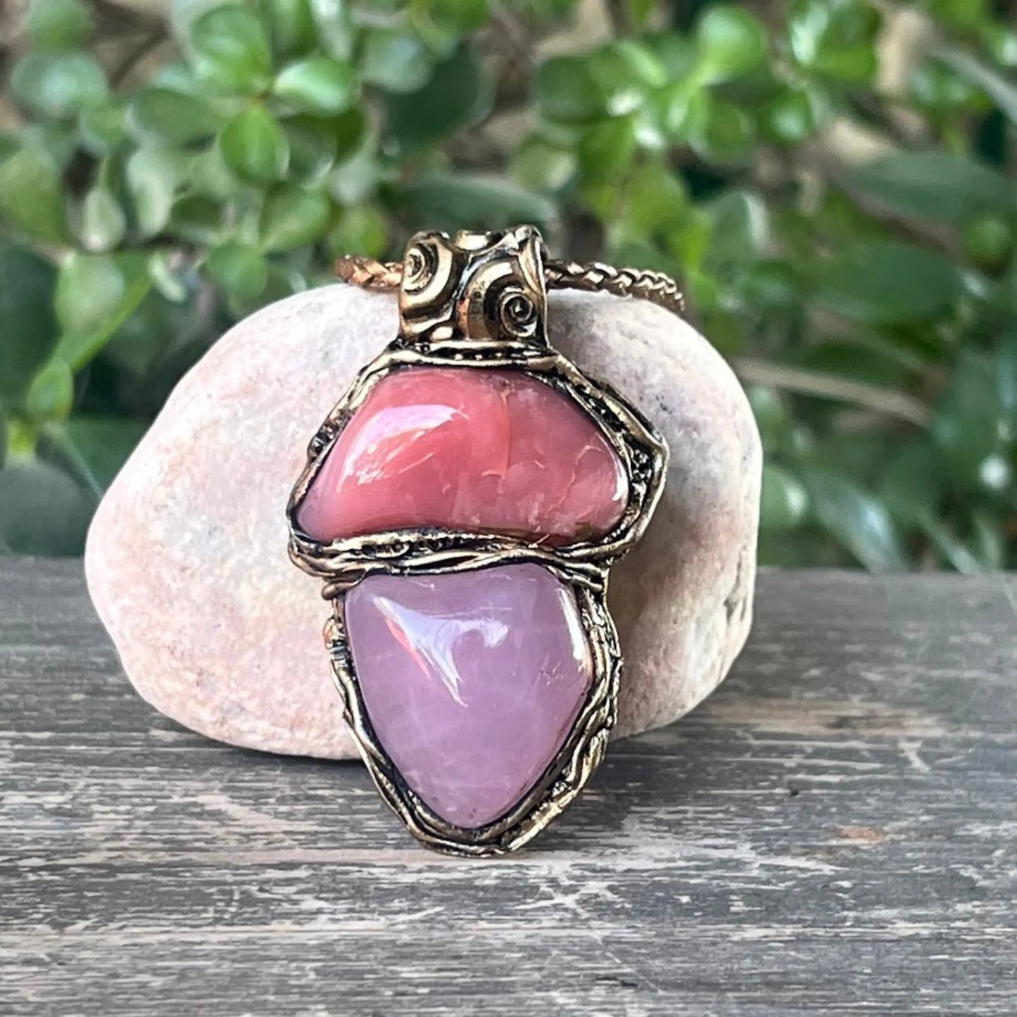 Rose Quartz Pendant Necklace with Peach Agate - Healing Crystal Jewelry