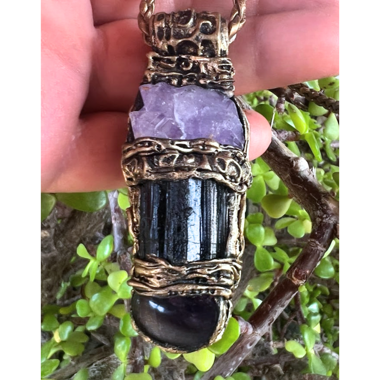 Black Tourmaline & Amethyst Empath Amulet Necklace, Energy Protection Jewelry