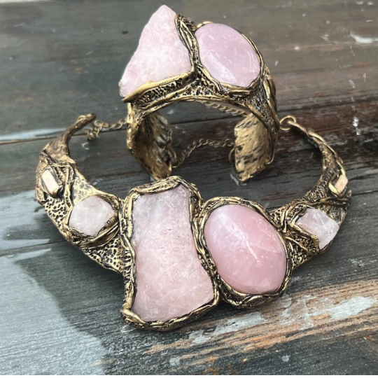 Rose Quartz Raw Crystal Chunky Boho Cuff Bracelet