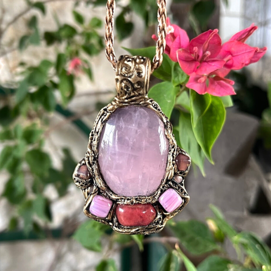 Rose quartz pink stone amulet necklace