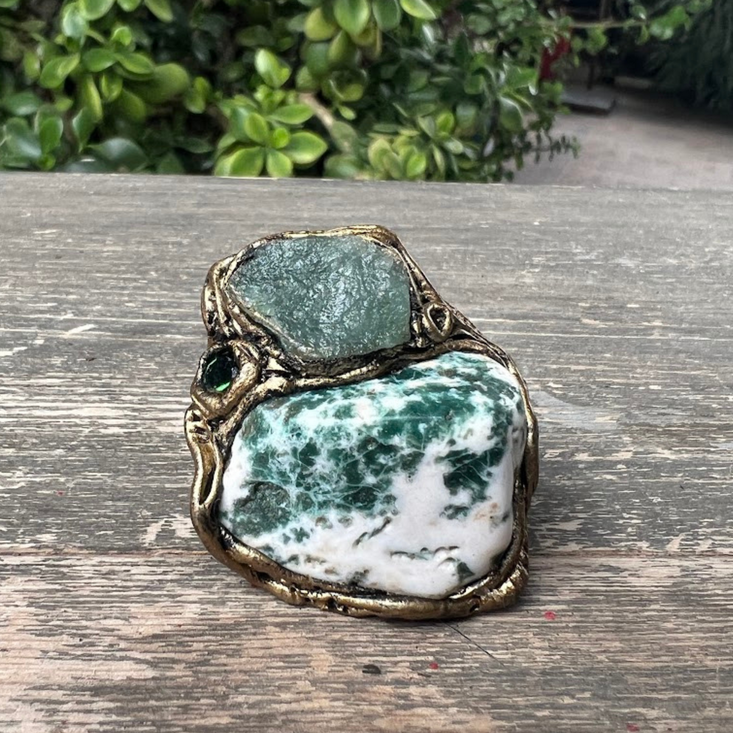 Green Aventurine and Tree Agate Chunky Statement Cocktail Ring