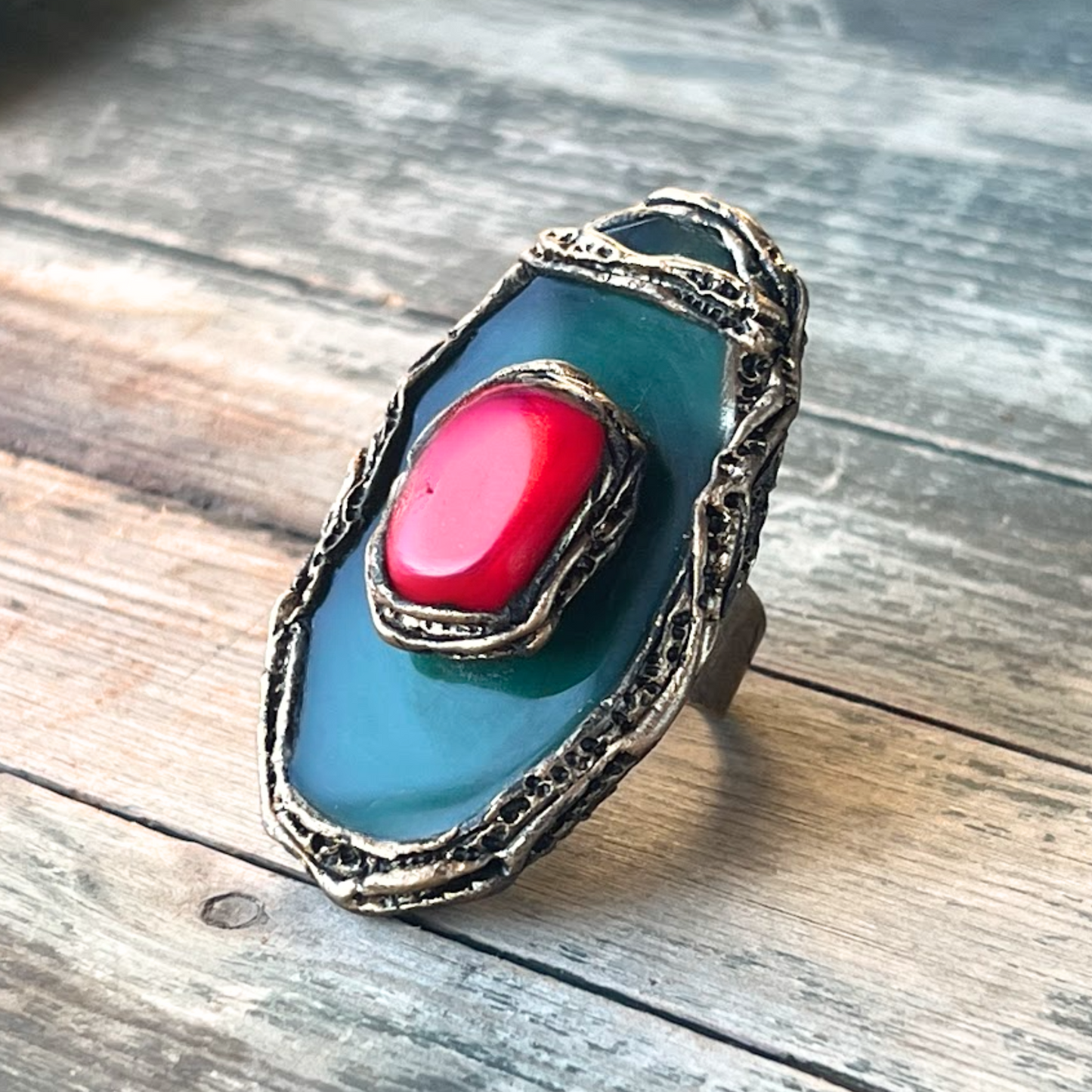 Green & Red Stone Statement Ring with Agate & Coral - Chunky Bold Cocktail Jewelry