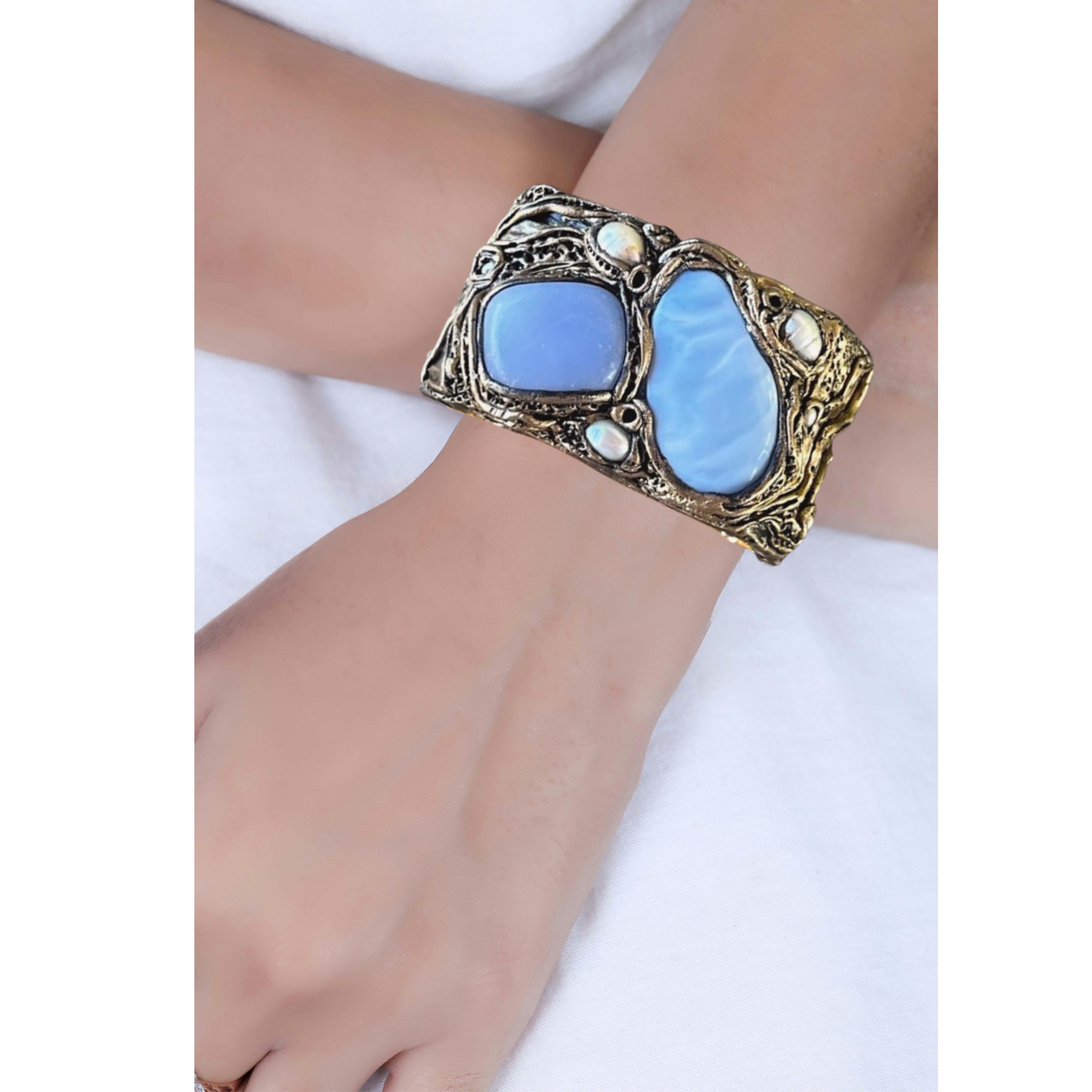 Chunky Blue Gemstone Cuff Bracelet with Opal, Onyx, and Pearls – Bold Statement Jewelry