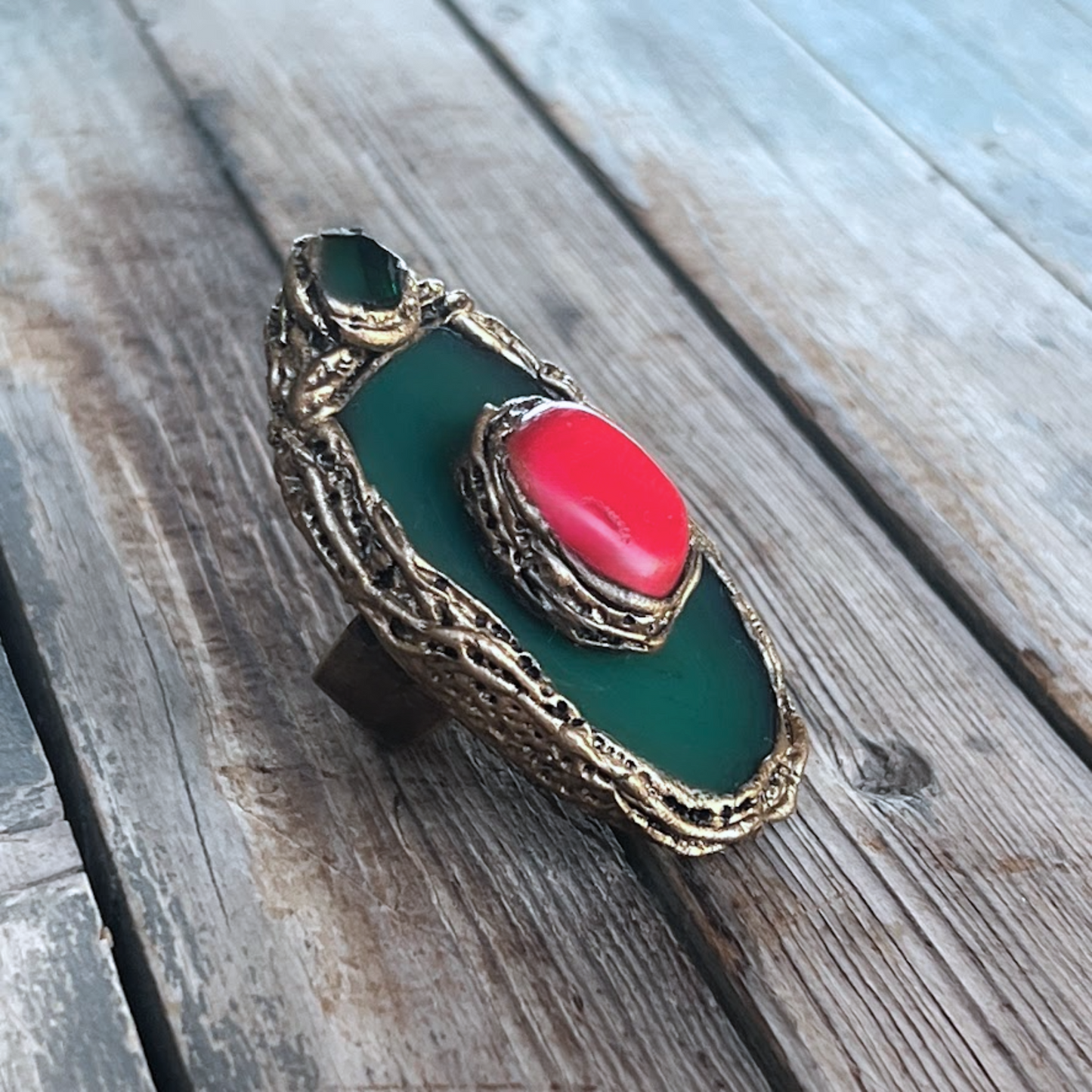 Green & Red Stone Statement Ring with Agate & Coral - Chunky Bold Cocktail Jewelry