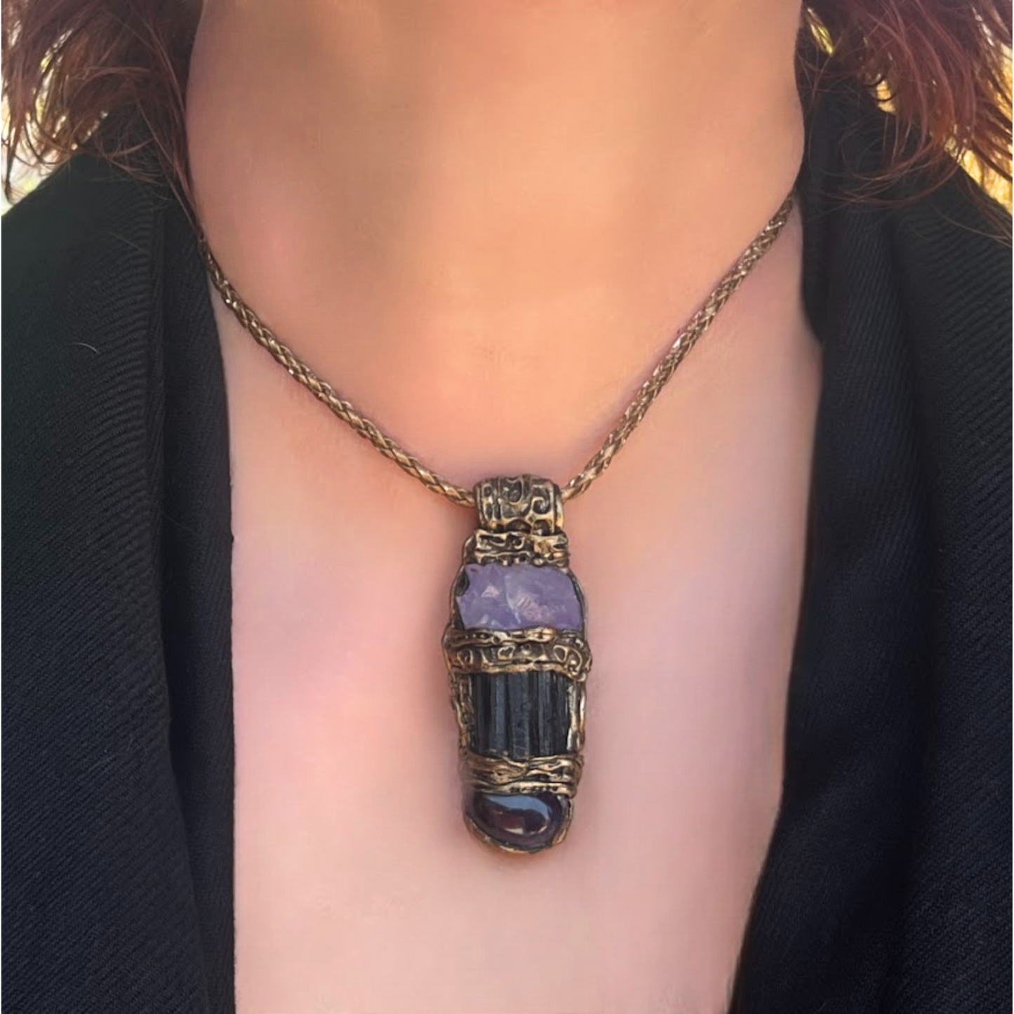Black Tourmaline & Amethyst Empath Amulet Necklace, Energy Protection Jewelry