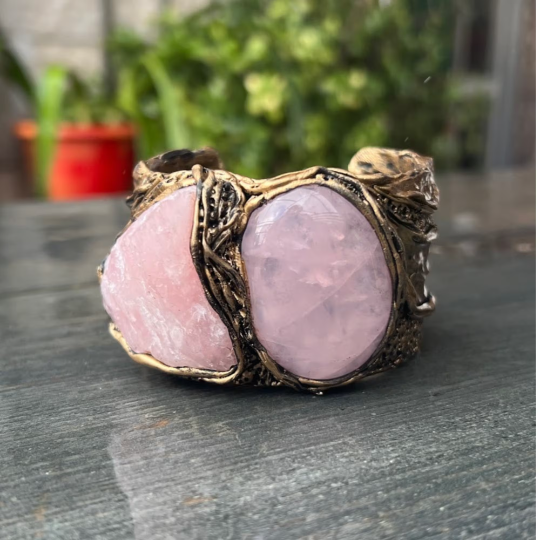 Rose Quartz Raw Crystal Chunky Boho Cuff Bracelet