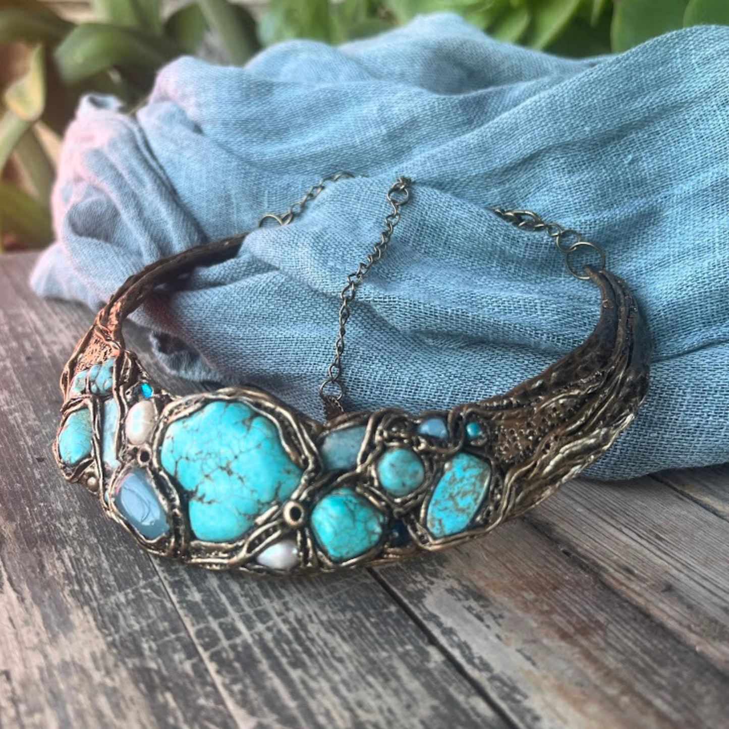 Turquoise Chunky Choker Collar Necklace with Amazonite & Chalcedony, Boho Gift for Her