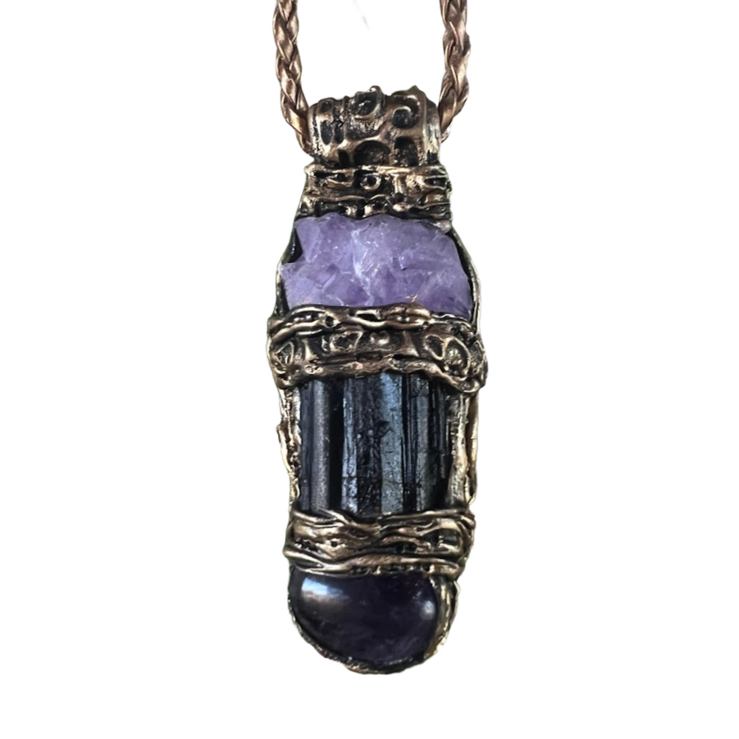 Black Tourmaline & Amethyst Empath Amulet Necklace, Energy Protection Jewelry