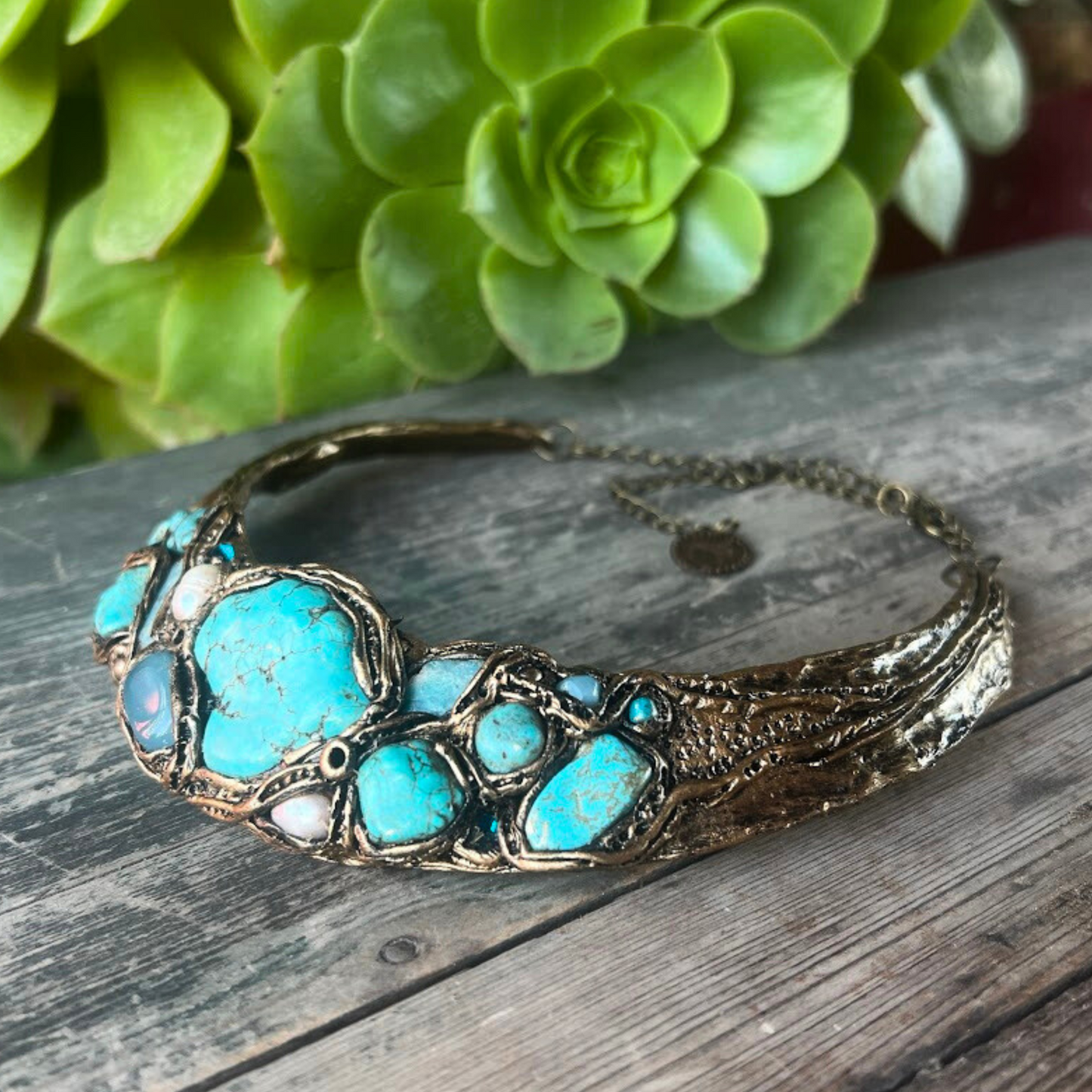 Turquoise Chunky Choker Collar Necklace with Amazonite & Chalcedony, Boho Gift for Her