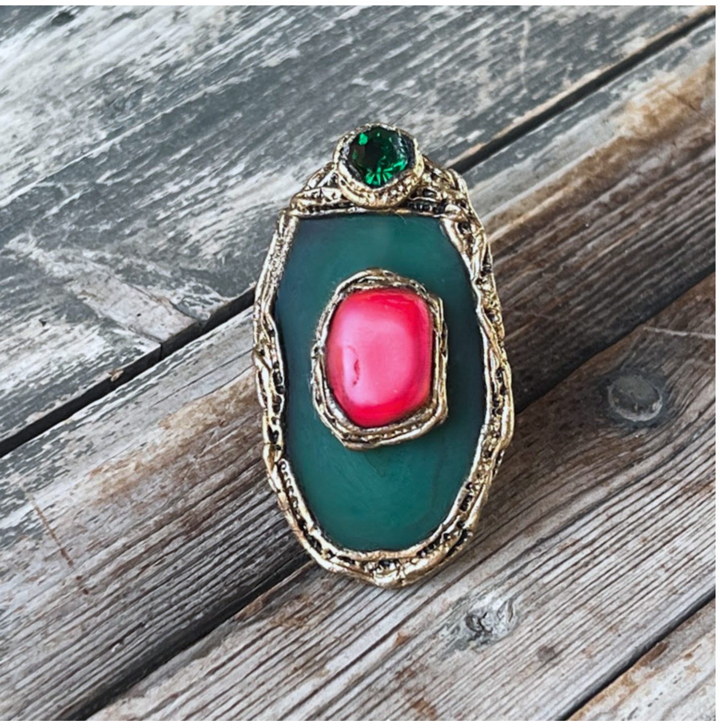 Green & Red Stone Statement Ring with Agate & Coral - Chunky Bold Cocktail Jewelry
