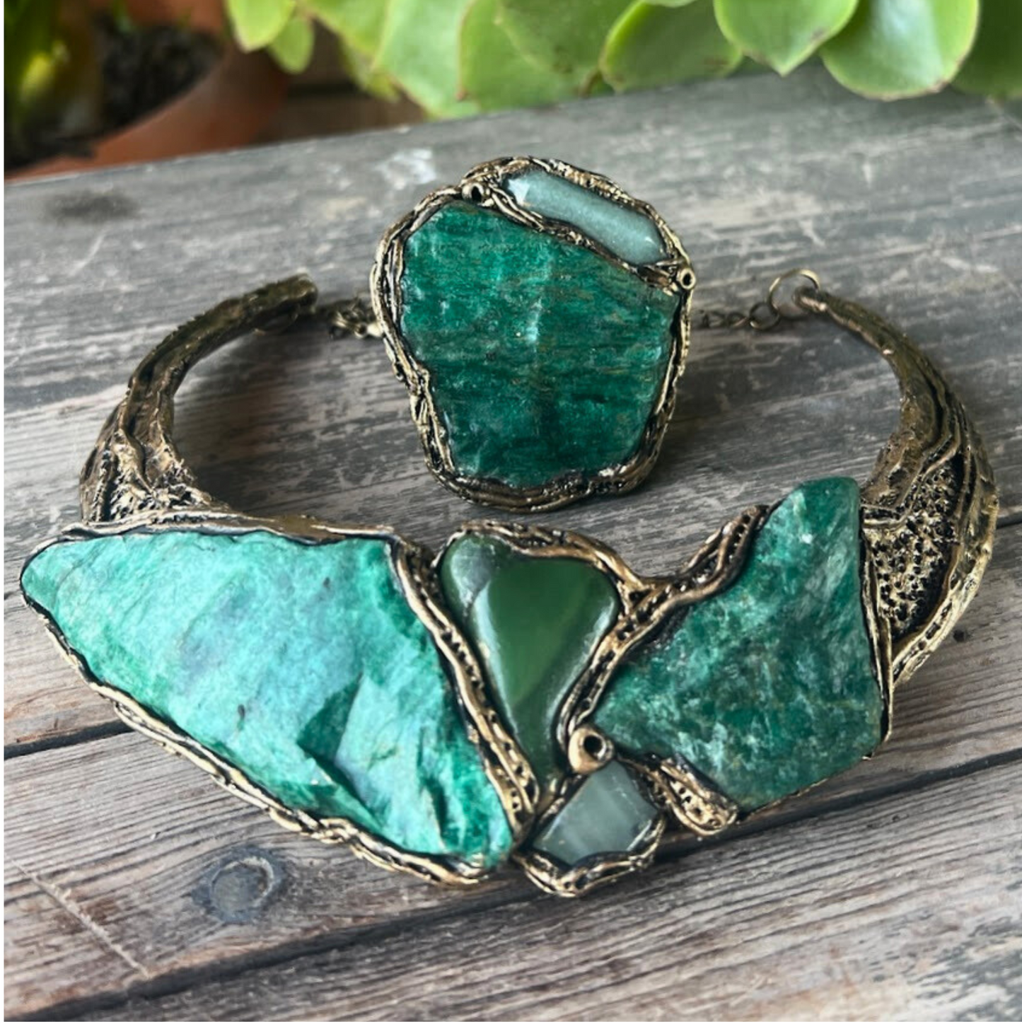 Green Gemstone Chunky Choker Collar Necklace | Aventurine & Buddstone Jewelry