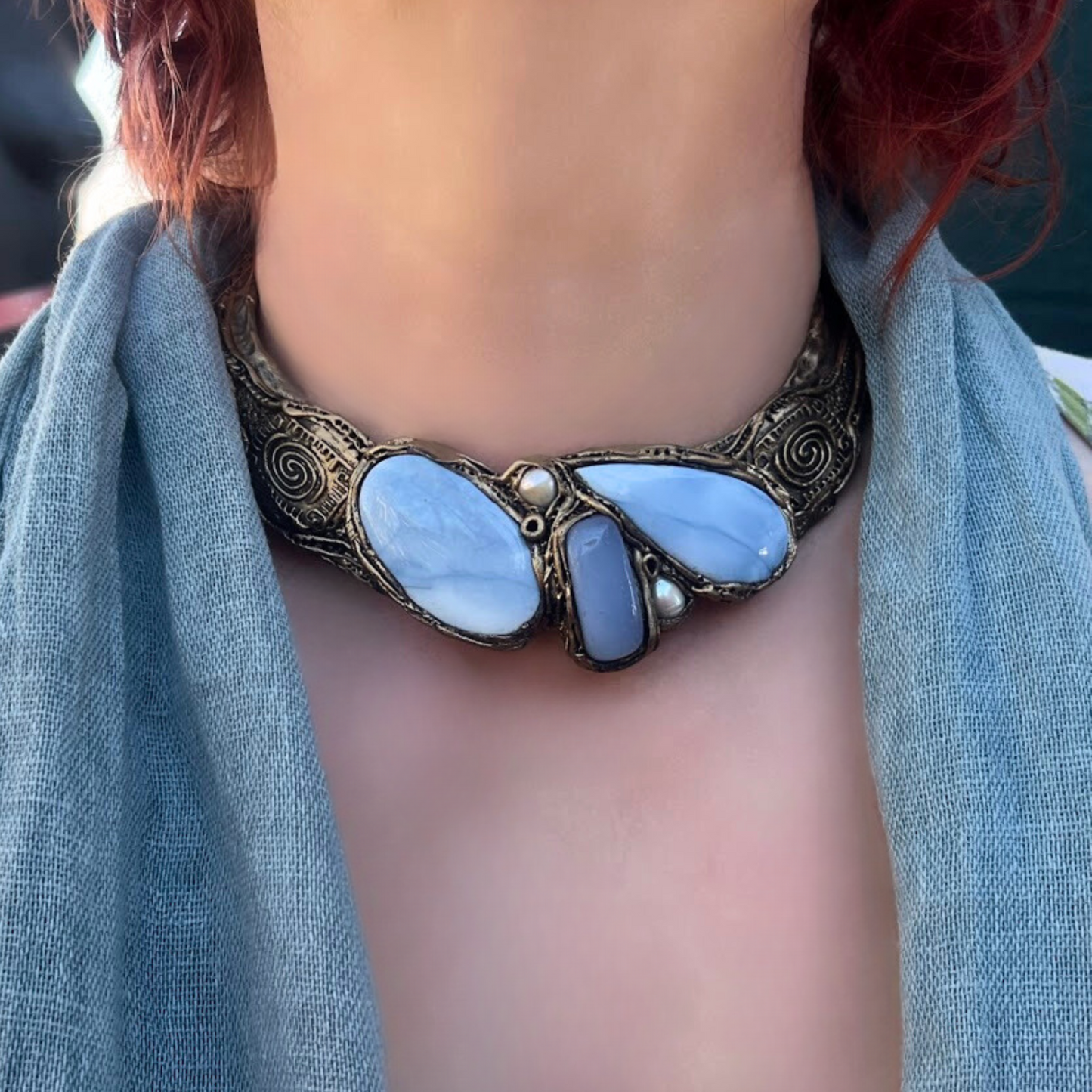Chunky Blue Gemstone Cuff Bracelet with Opal, Onyx, and Pearls – Bold Statement Jewelry