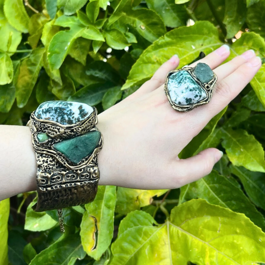 Green Aventurine and Tree Agate Chunky Statement Cocktail Ring