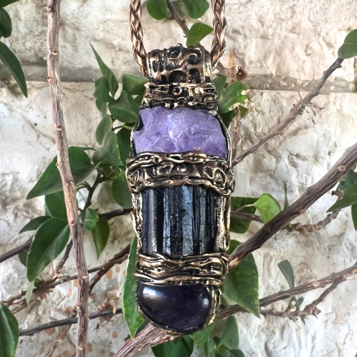 Black Tourmaline & Amethyst Empath Amulet Necklace, Energy Protection Jewelry