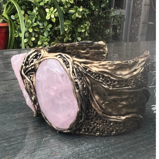 Rose Quartz Raw Crystal Chunky Boho Cuff Bracelet