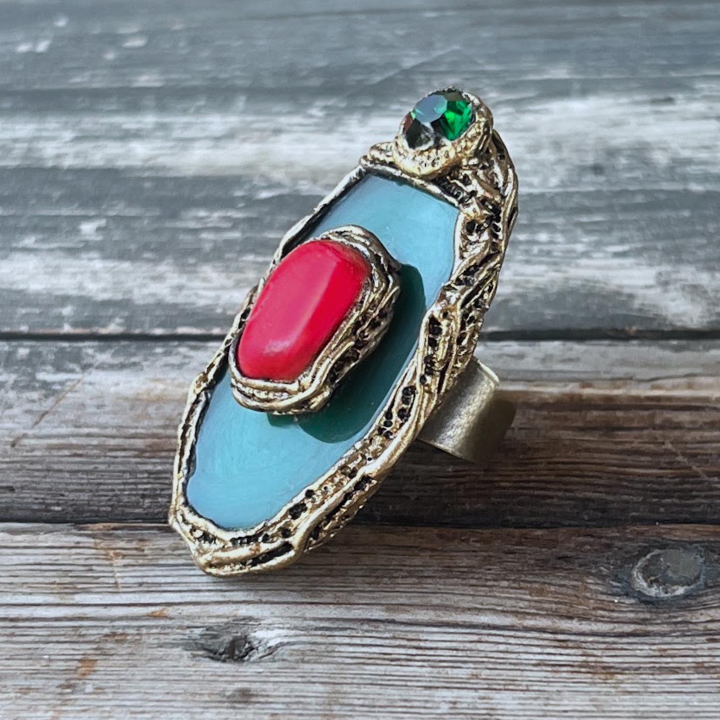 Green & Red Stone Statement Ring with Agate & Coral - Chunky Bold Cocktail Jewelry