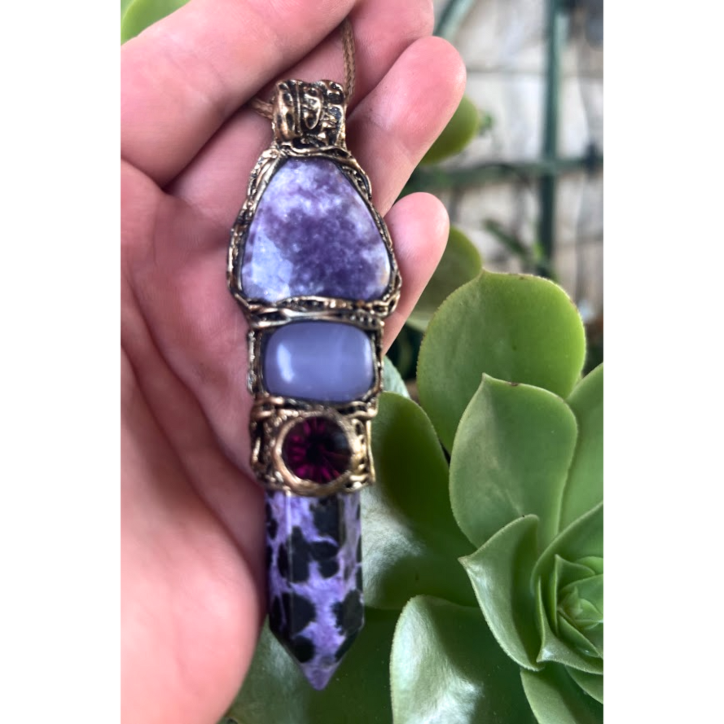 Purple Crystal Pendant - Lepidolite, Charoite, Chalcedony Gemstone Necklace