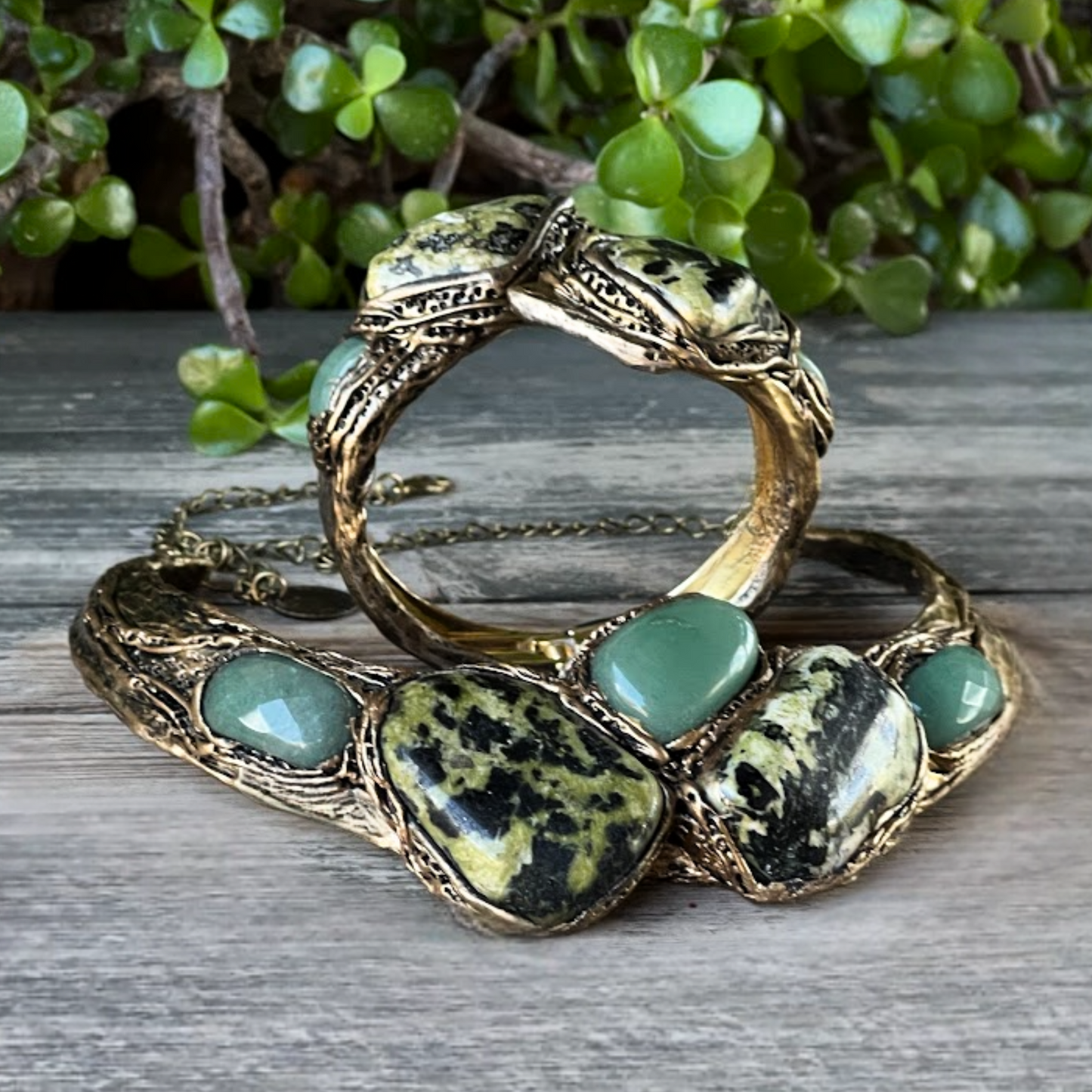 Green Stone Chunky Bracelet with Serpentine and Aventurine - Hinged Cuff