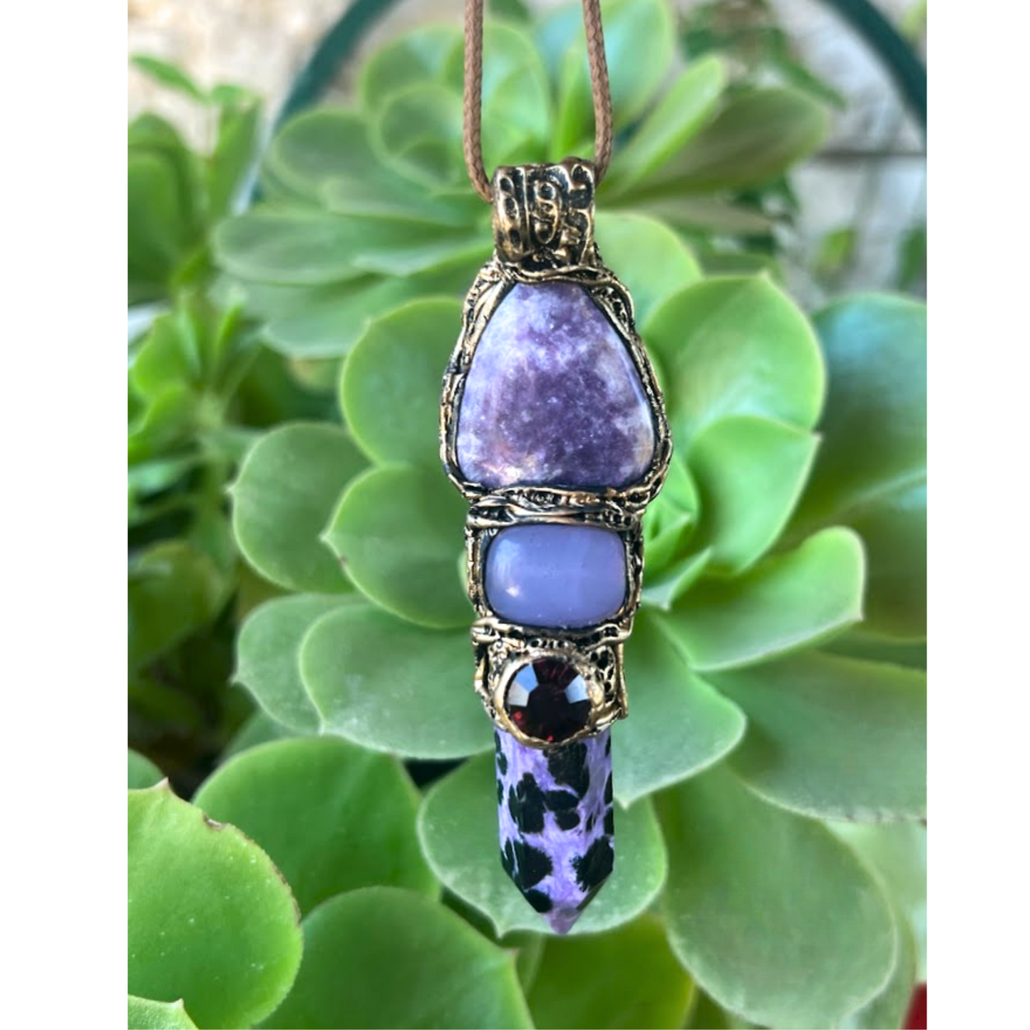 Purple Crystal Pendant - Lepidolite, Charoite, Chalcedony Gemstone Necklace