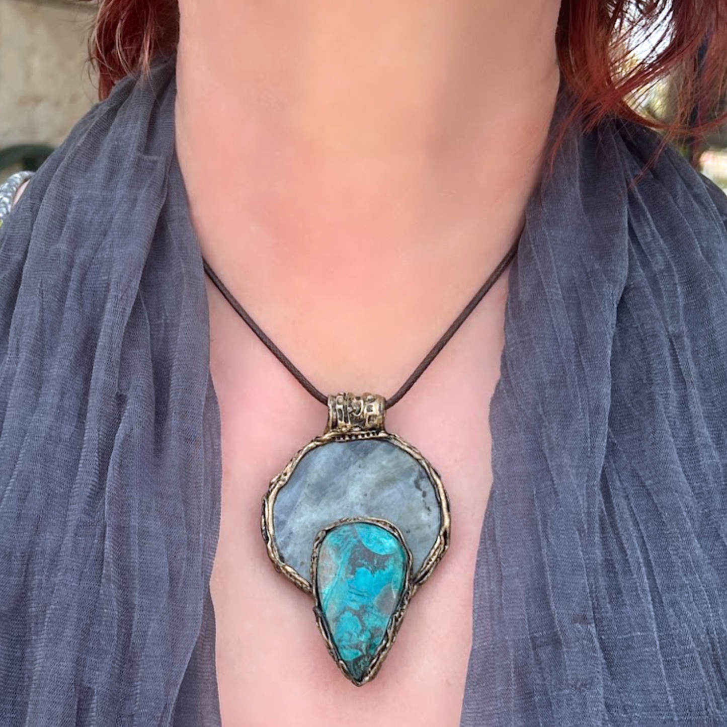 Statement Large Crystal Pendant - Labradorite & Chrysocolla Necklace