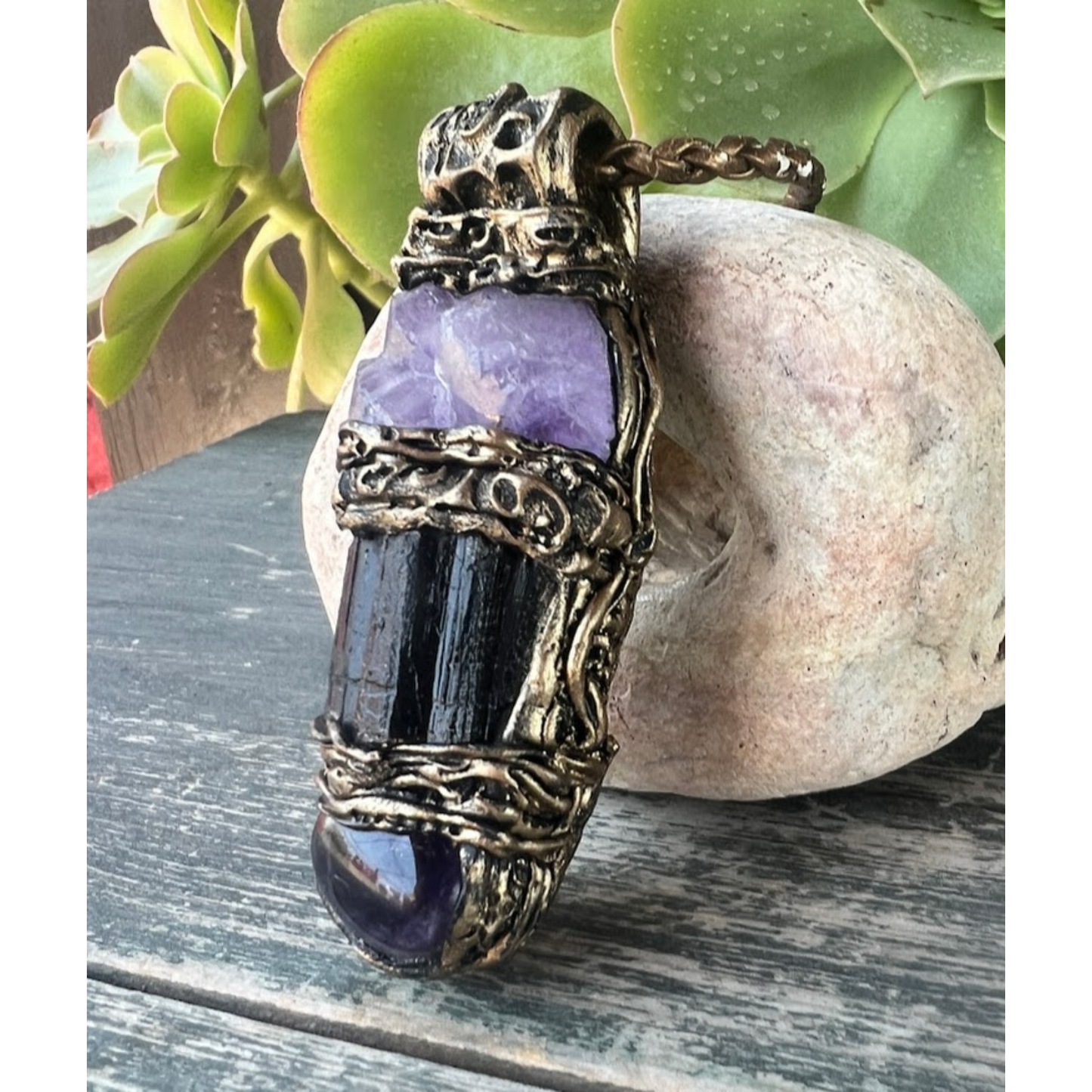 Black Tourmaline & Amethyst Empath Amulet Necklace, Energy Protection Jewelry