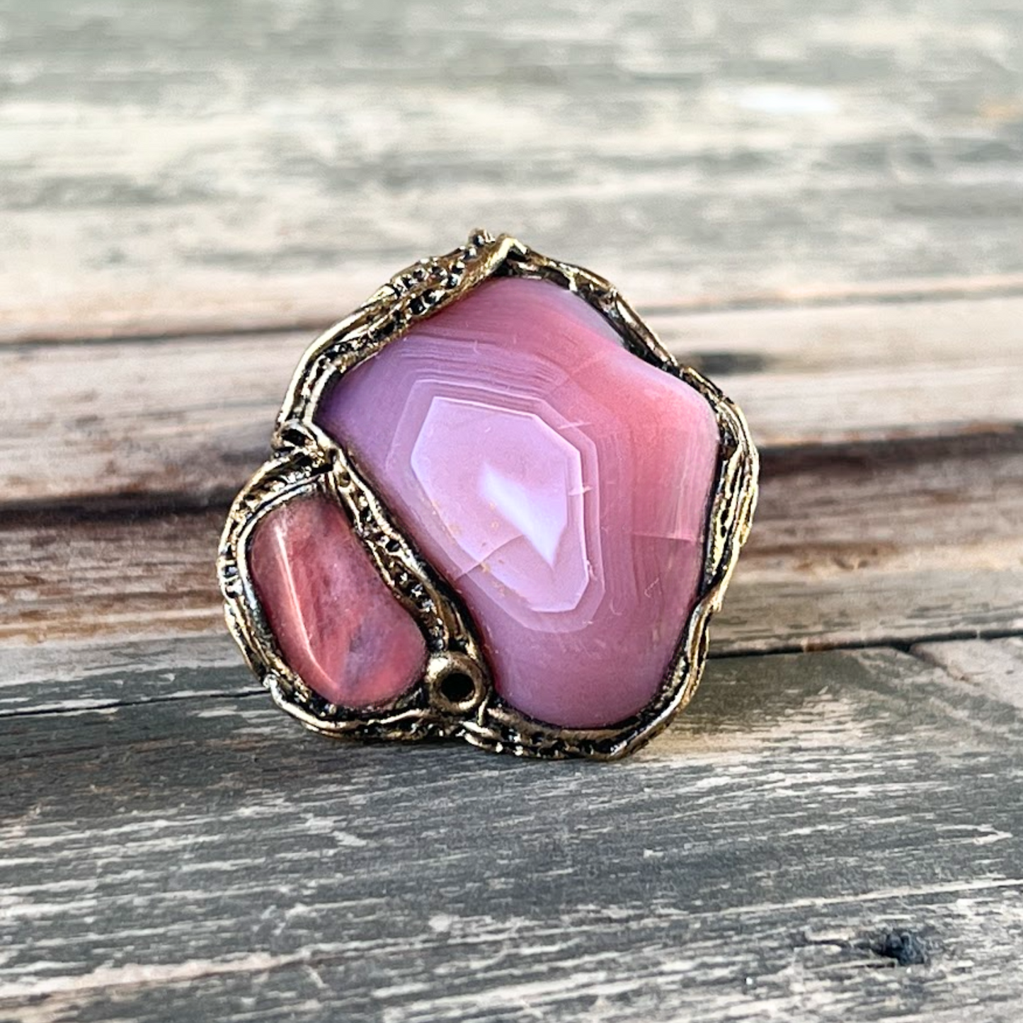 Chunky Agate & Cherry Quartz Pink Stone Ring with - Large Cocktail Statement Ring