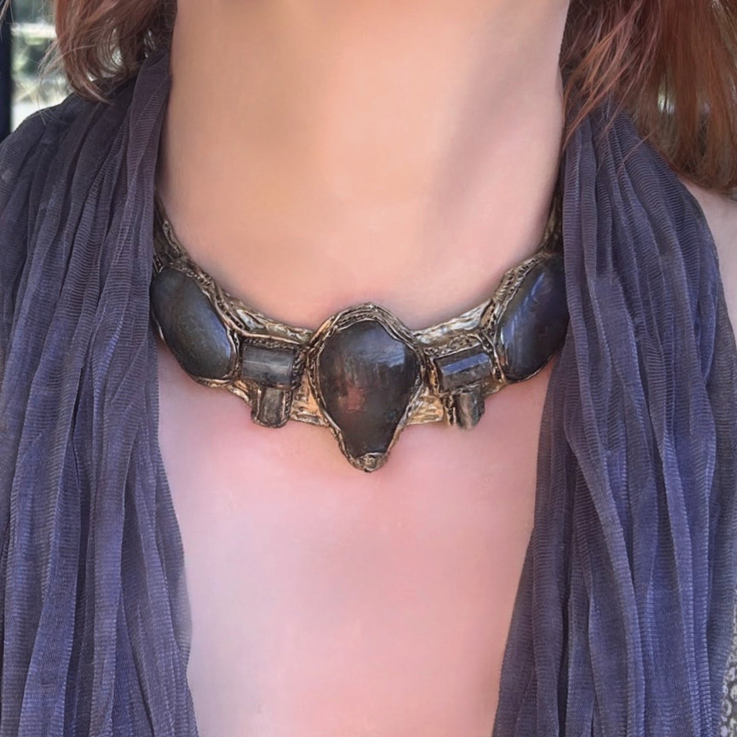 Labradorite and Prehnite Chunky Collar Necklace, Statement Green Stone Choker