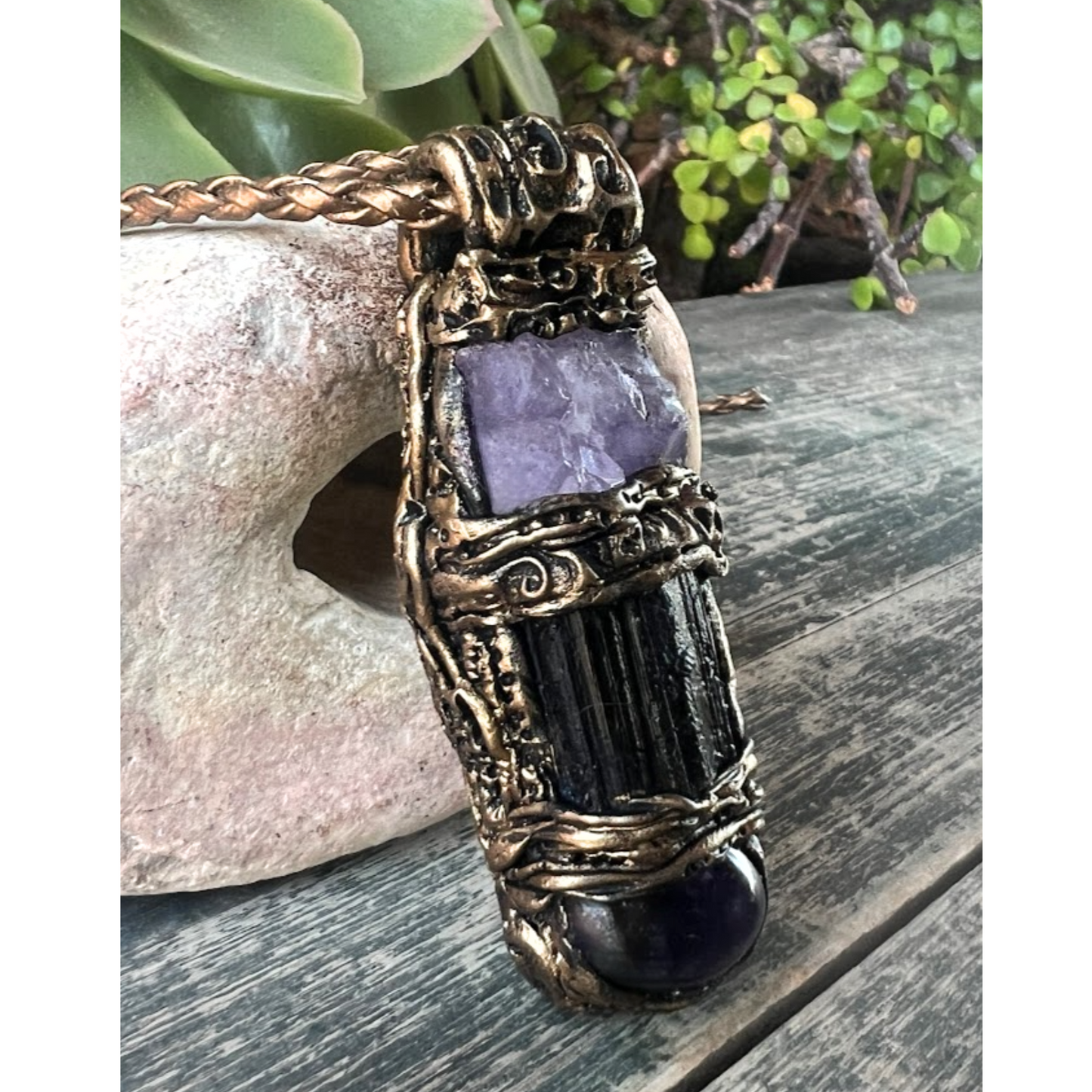 Black Tourmaline & Amethyst Empath Amulet Necklace, Energy Protection Jewelry