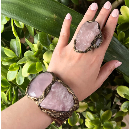 Rose Quartz Raw Crystal Chunky Boho Cuff Bracelet