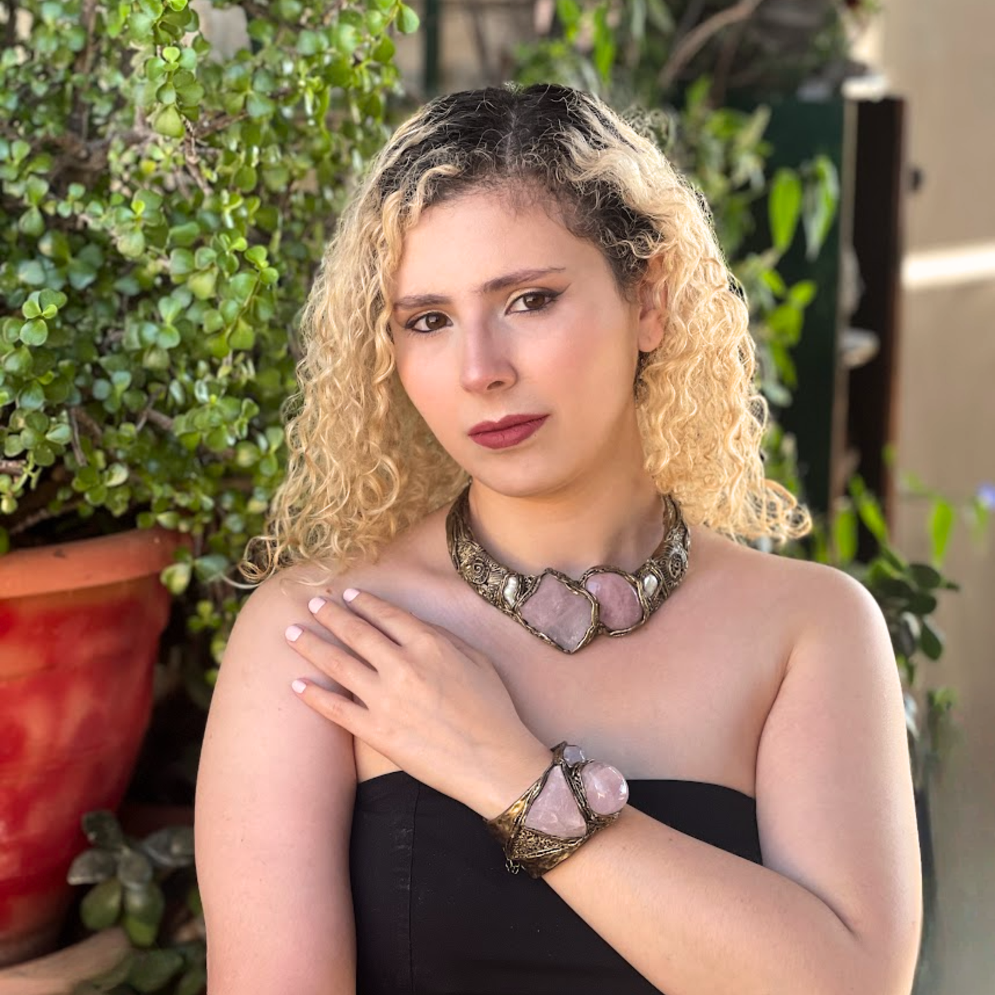 Rose Quartz Chunky Choker Collar Necklace - Statement Gemstone Jewelry