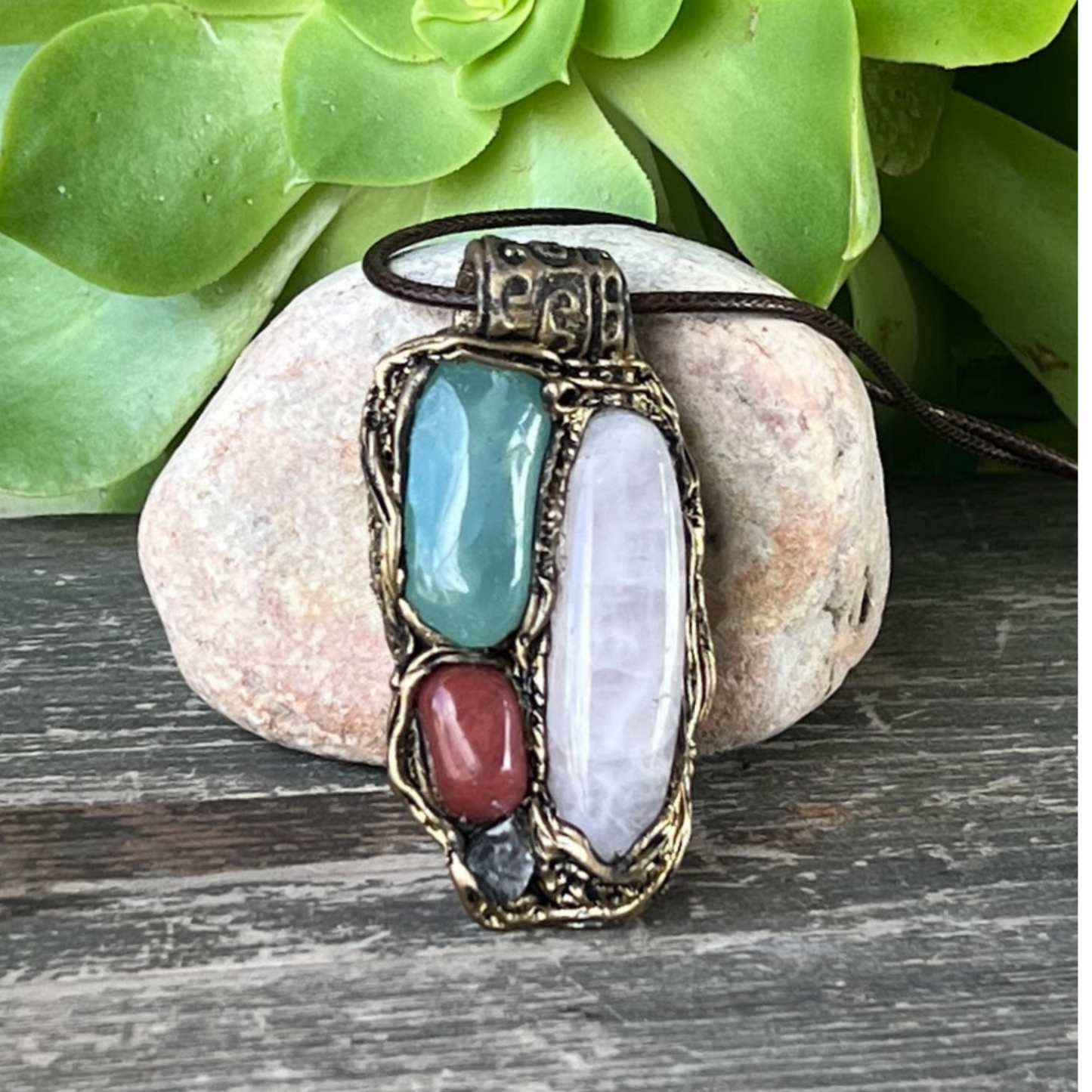 Rose Quartz and Green Onyx Pendant Necklace - Statement Gemstone Jewelry