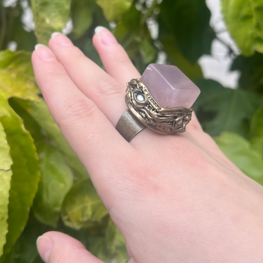 Rose Quartz Statement Ring, Large Pink Stone Chunky Cocktail Ring