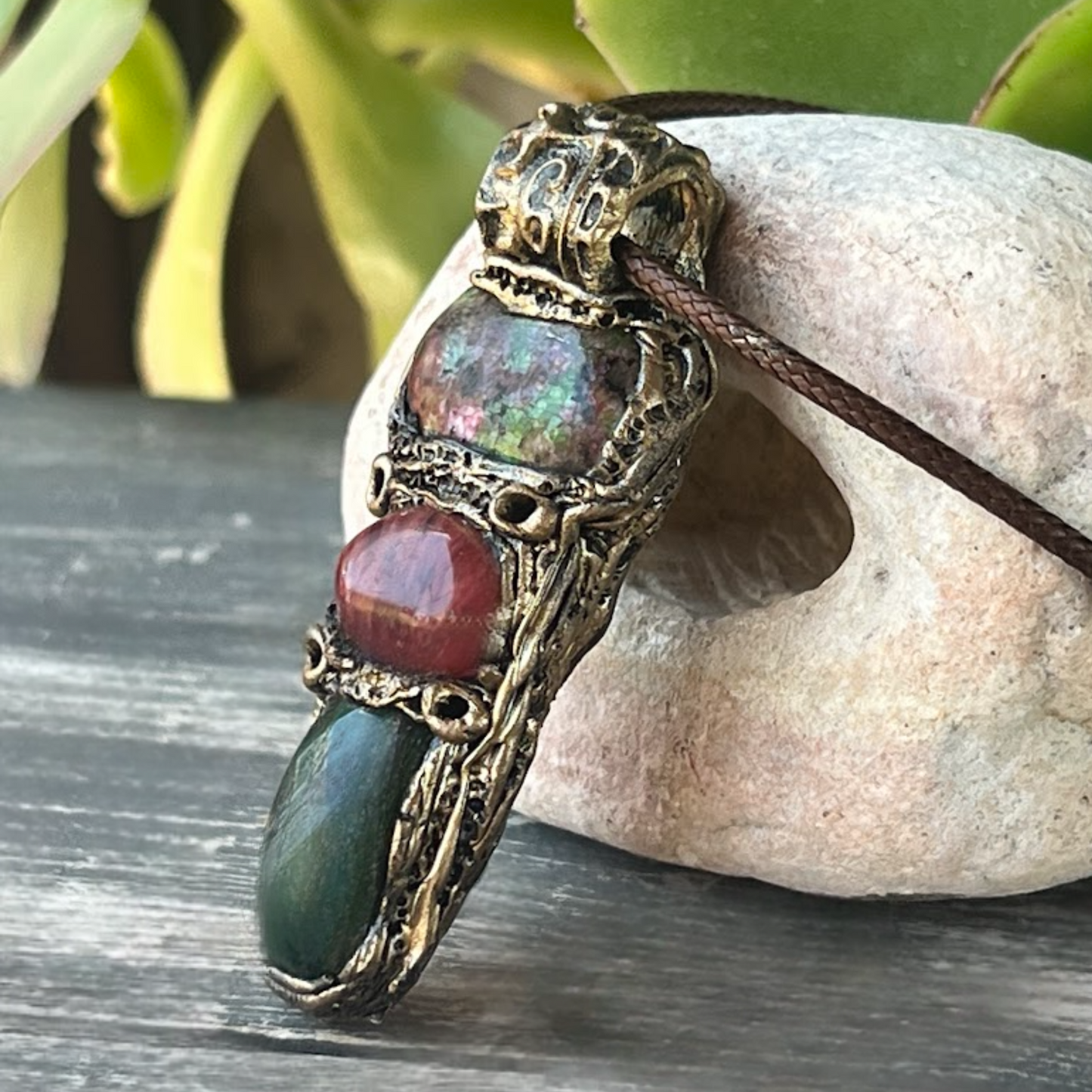 Ruby Zoisite, Green Jade & Pink Cherry Quartz Pendant - Crystal Healing Necklace