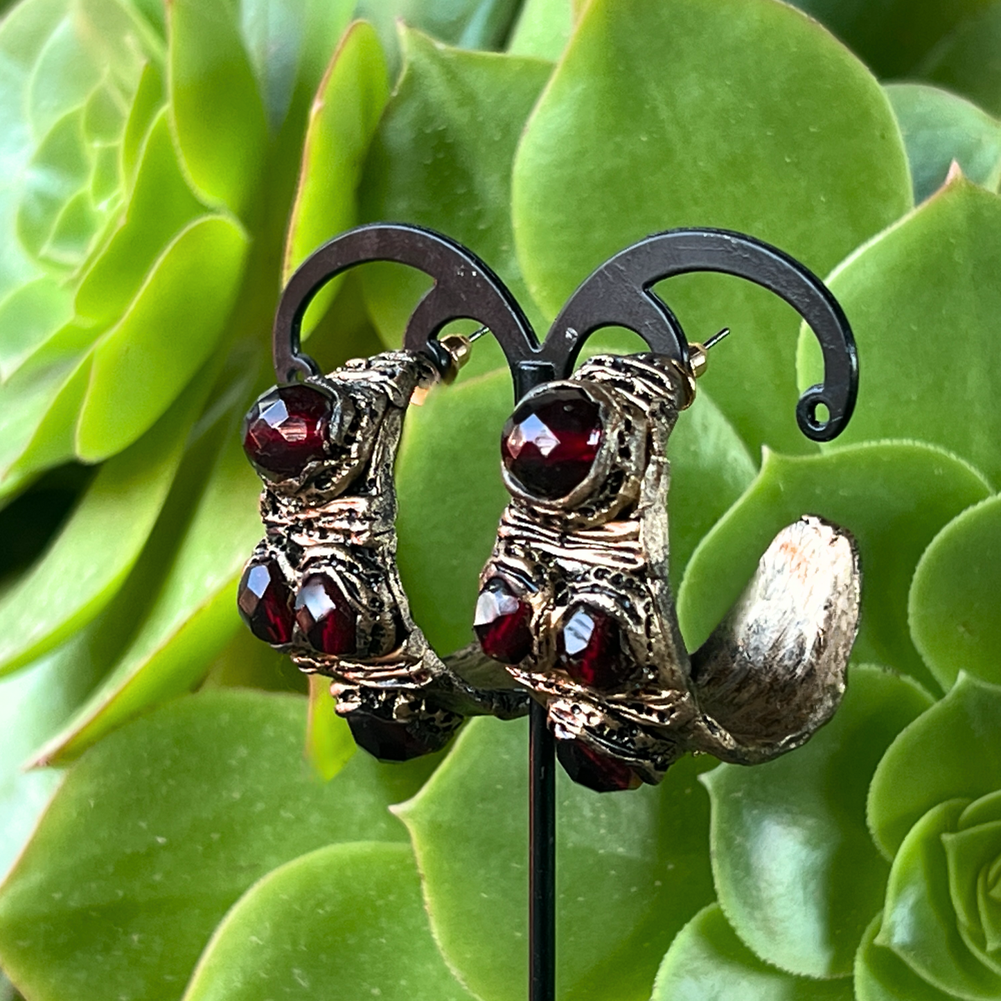 Chunky Garnet Hoop Earrings - Statement Crystal Jewelry