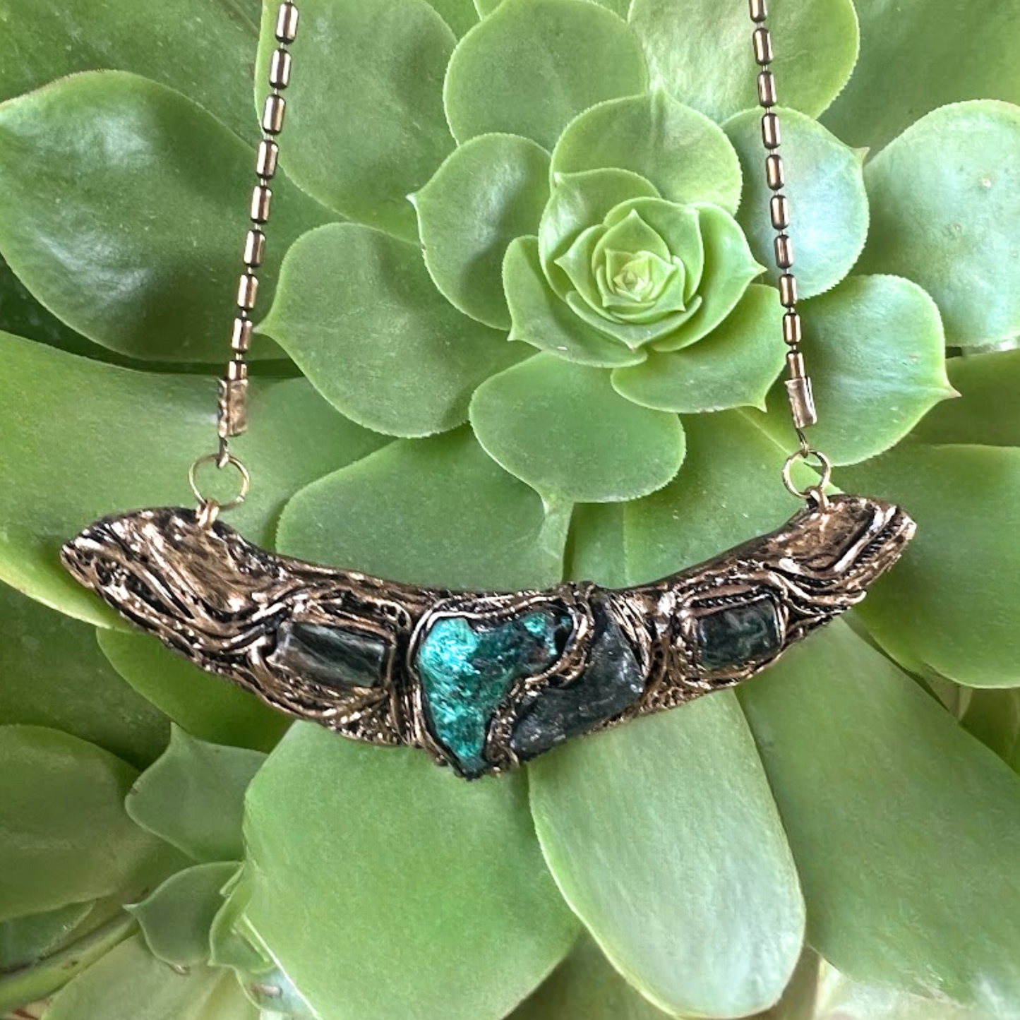 Green Gemstone Raw Emerald Necklace with Malachite & Epidote