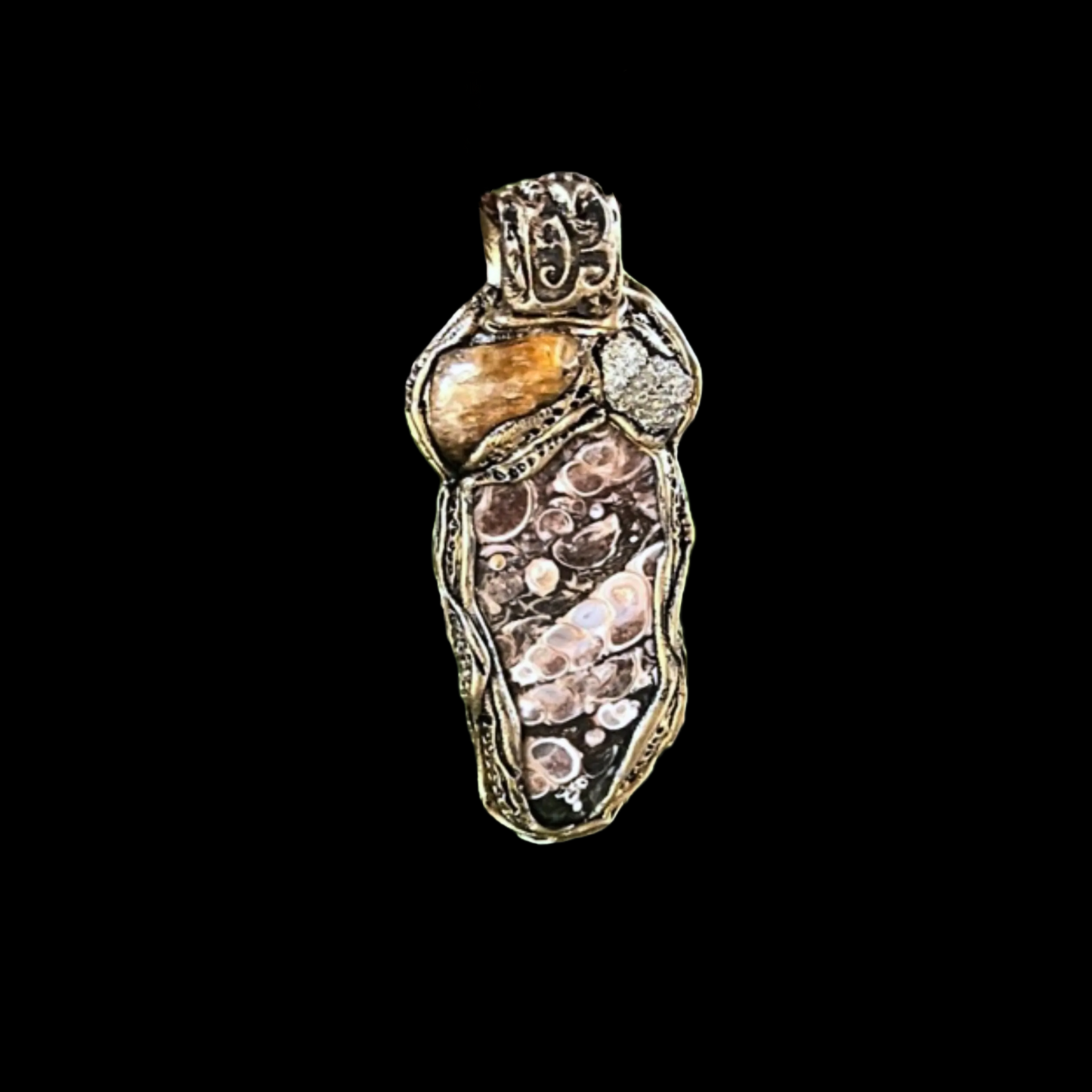 Crystal Pendant Necklace with Citrine, Pyrite, Turritella Agate - Unique Amulet