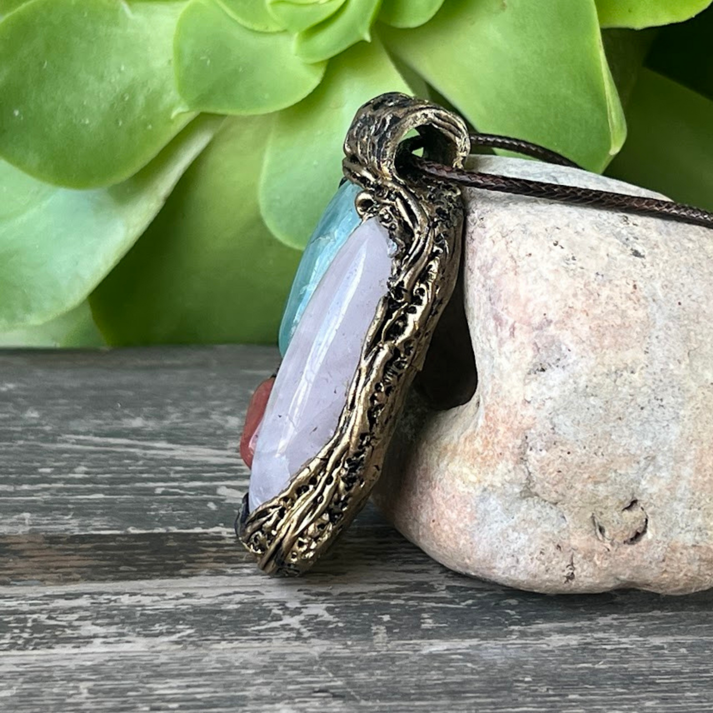 Rose Quartz and Green Onyx Pendant Necklace - Statement Gemstone Jewelry