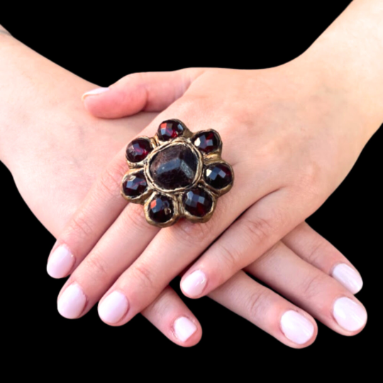 Garnet choker raw stone necklace, red flower crystal pendant