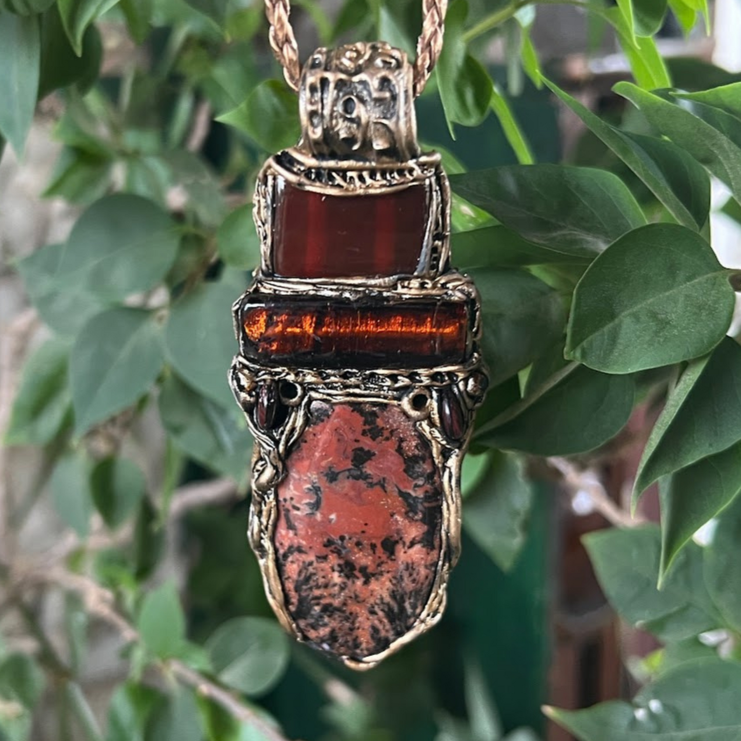 Carnelian & Honey Dendritic Opal Large Stone Pendant Necklace, , one piece healing necklace