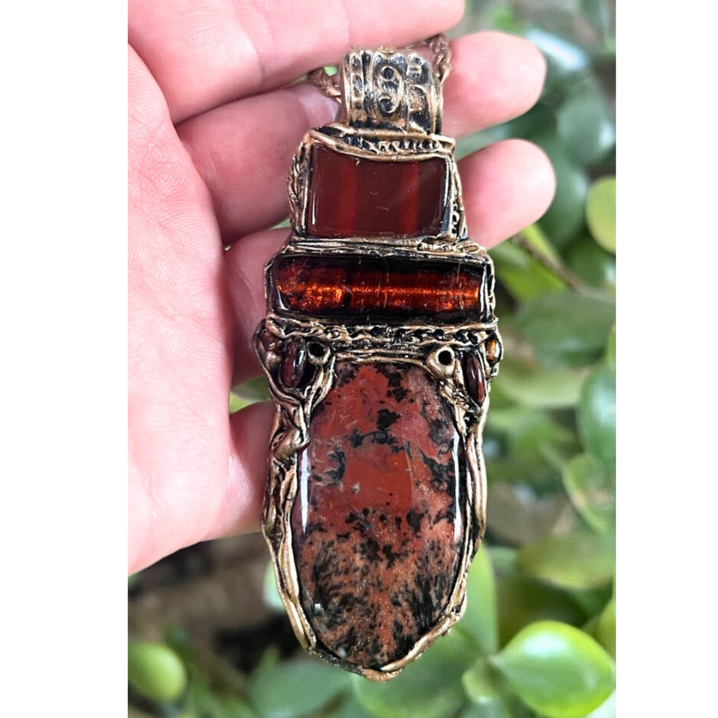 Carnelian & Honey Dendritic Opal Large Stone Pendant Necklace, , one piece healing necklace
