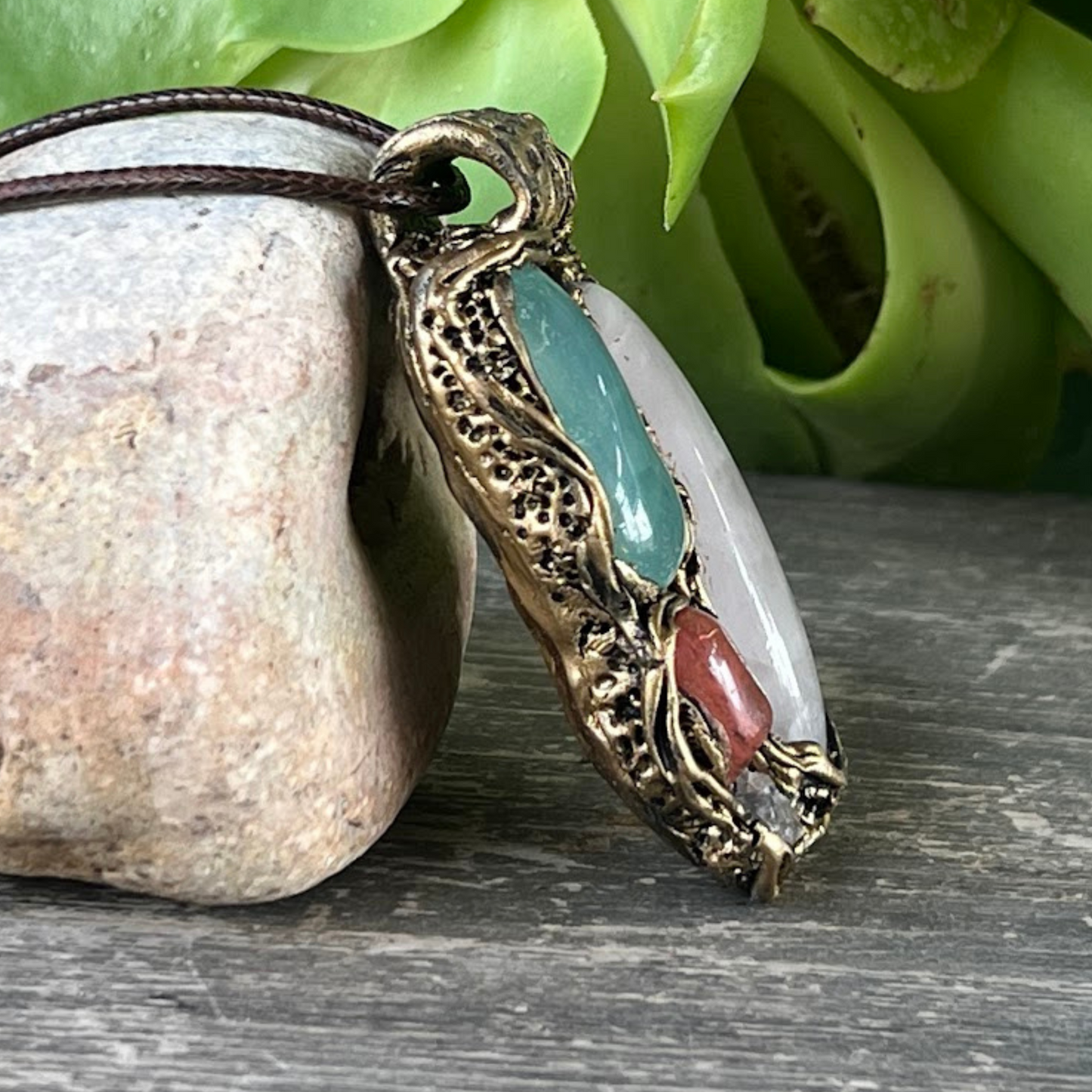 Rose Quartz and Green Onyx Pendant Necklace - Statement Gemstone Jewelry