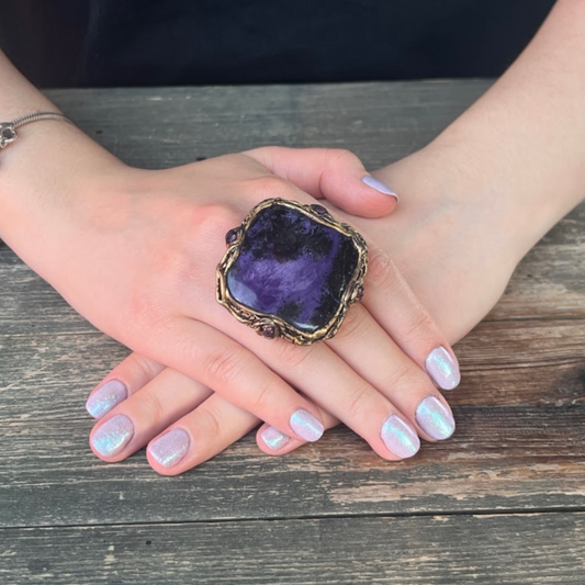 Gemstone Chunky Charoite Ring: Oversized Square Purple Cocktail Ring, Unique Gifts for Her