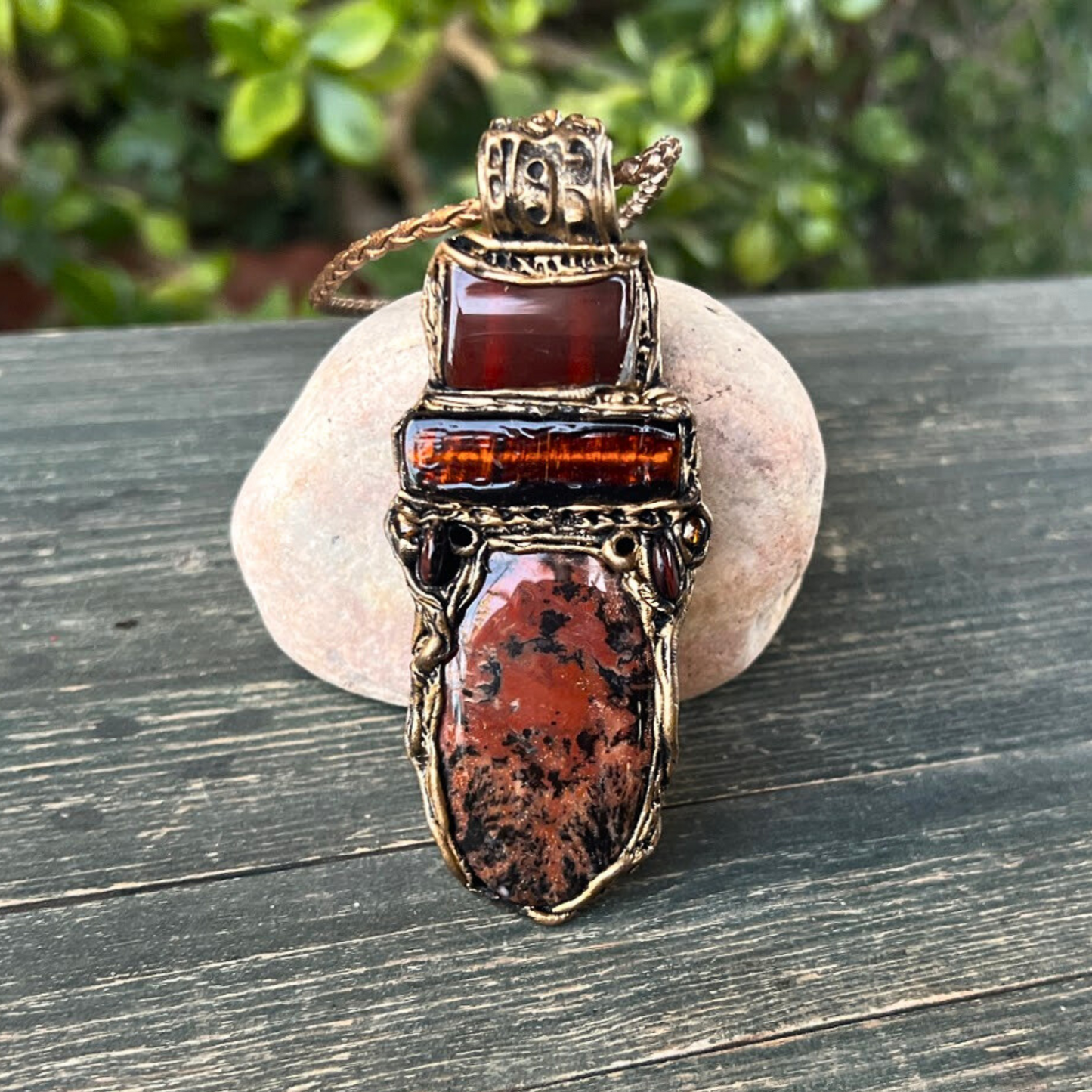 Carnelian & Honey Dendritic Opal Large Stone Pendant Necklace, , one piece healing necklace