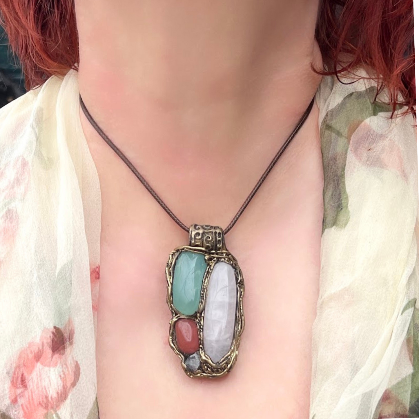 Rose Quartz and Green Onyx Pendant Necklace - Statement Gemstone Jewelry