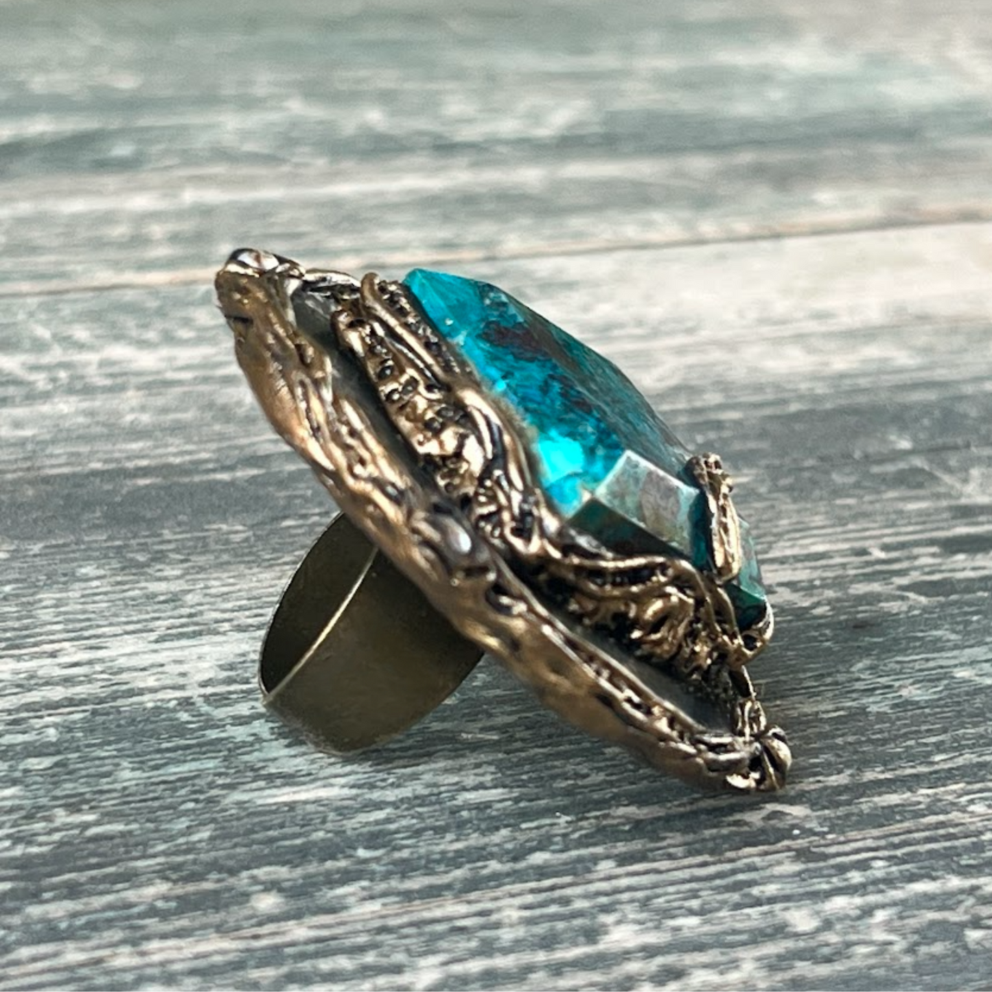 Large Labradorite Round Cocktail Ring with Chrysocolla - Chunky Statement Jewelry